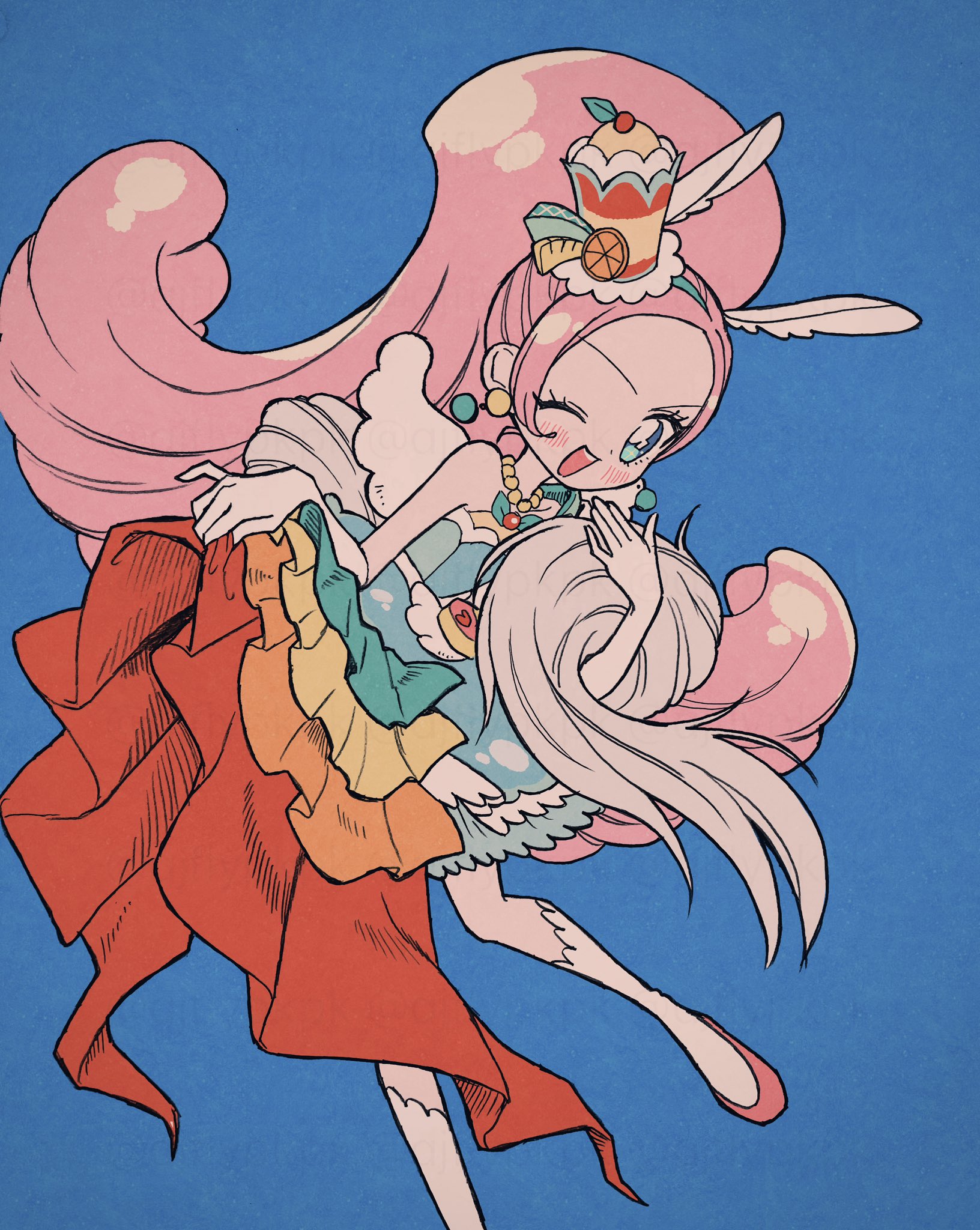 aji fry, cure parfait, kirakira precure a la mode, precure, commentary request, highres, 1girl, animal ears, bare shoulders, berry, blue background, blush, boots, choker, dress, earrings, elbow gloves, food, food-themed hair ornament, fruit, gloves, hair ornament, hatching (texture), headband, horse ears, jewelry, kiwi (fruit), leaf, lemon, long hair, magical girl, multicolored eyes, one eye closed, orange (fruit), parfait, pearl choker, pearl earrings, pink hair, ponytail, simple background, solo, strapless, strapless dress, tail, white gloves, white tail, white wings, wings