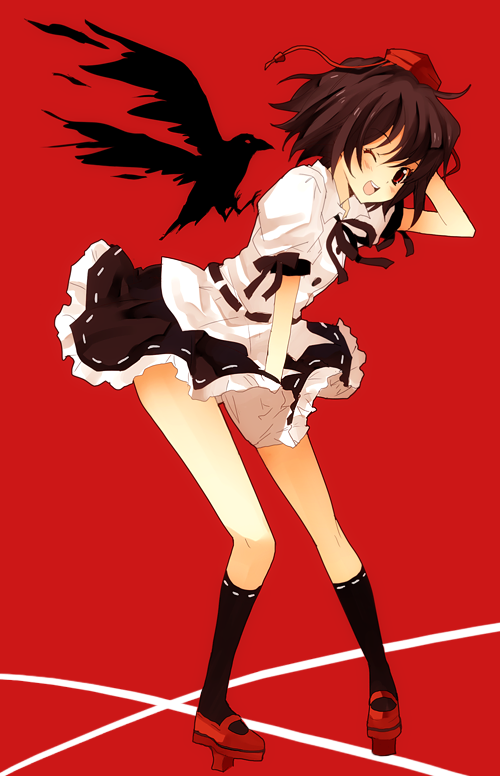 kurot, shameimaru aya, touhou, 1girl, bird, black hair, crow, female focus, geta, hat, looking at viewer, one eye closed, open mouth, red eyes, ribbon, short hair, skirt, solo, tengu-geta, tokin hat, wink