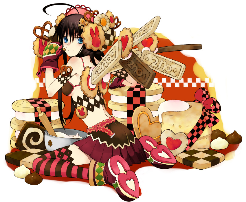 2no, ninomoto, original, bad id, bad pixiv id, 1girl, ahoge, back, bikini, bikini top only, biscuit (bread), checkerboard cookie, chocolate, cookie, cooking, dessert, female focus, food, food-themed clothes, food-themed hair ornament, food as clothes, from side, hair between eyes, hair ornament, miniskirt, oven mitts, oversized object, pink thighhighs, sitting, skirt, solo, string bikini, striped clothes, striped thighhighs, swimsuit, thighhighs, thumbprint cookie, zettai ryouiki