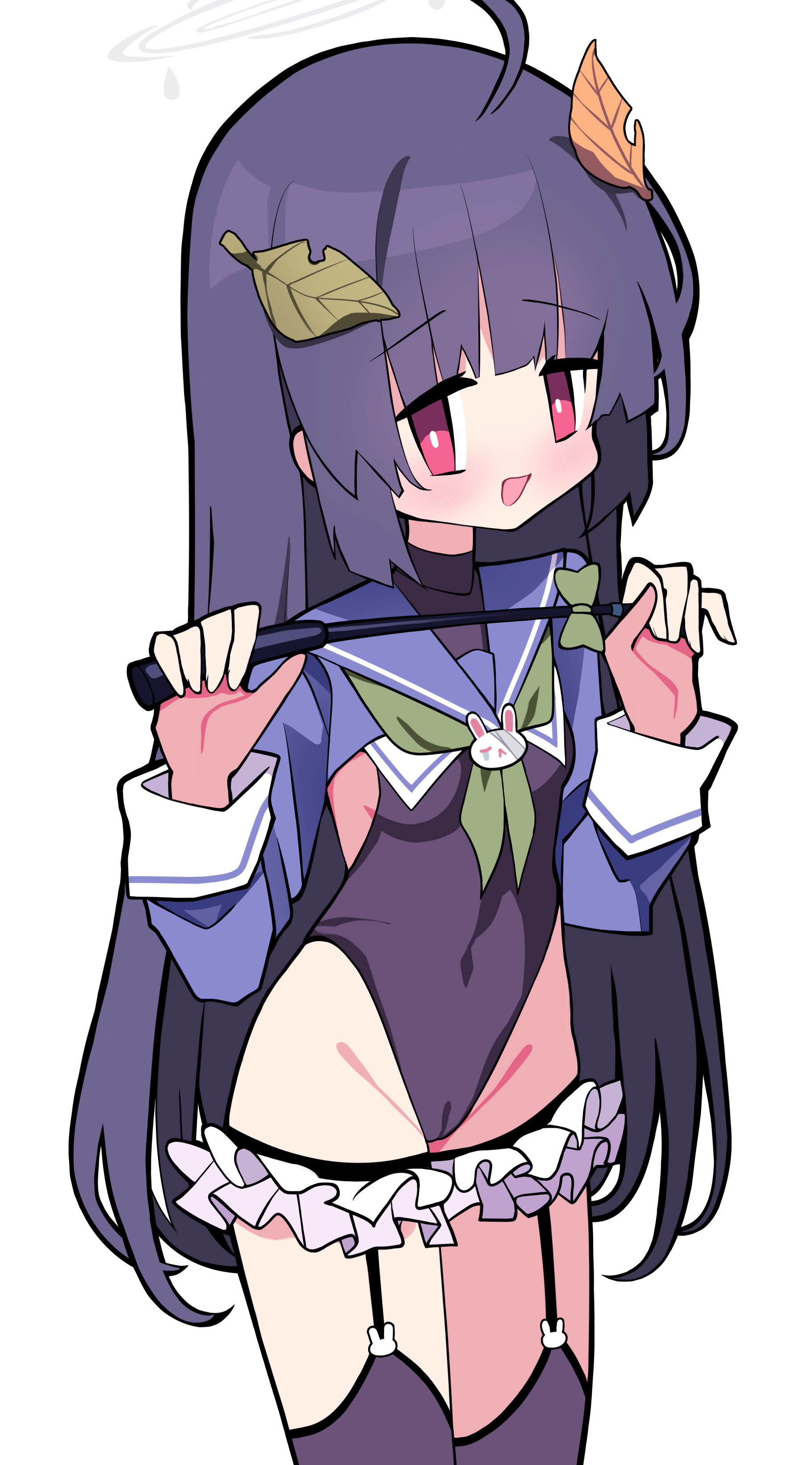 nanozenzen, miyu (blue archive), shimiko (blue archive), shimiko (magical) (blue archive), blue archive, absurdres, highres, ahoge, aqua neckerchief, black leotard, black thighhighs, blue sailor collar, blue shrug, breasts, cameltoe, cosplay, covered navel, cowboy shot, frills, garter straps, grey halo, halo, halter leotard, halterneck, highleg, highleg leotard, holding, holding riding crop, leaf, leaf on head, leotard, long hair, neckerchief, red eyes, riding crop, sailor collar, sailor shirt, shimiko (blue archive) (cosplay), shirt, shrug (clothing), simple background, small breasts, standing, thighhighs, white background