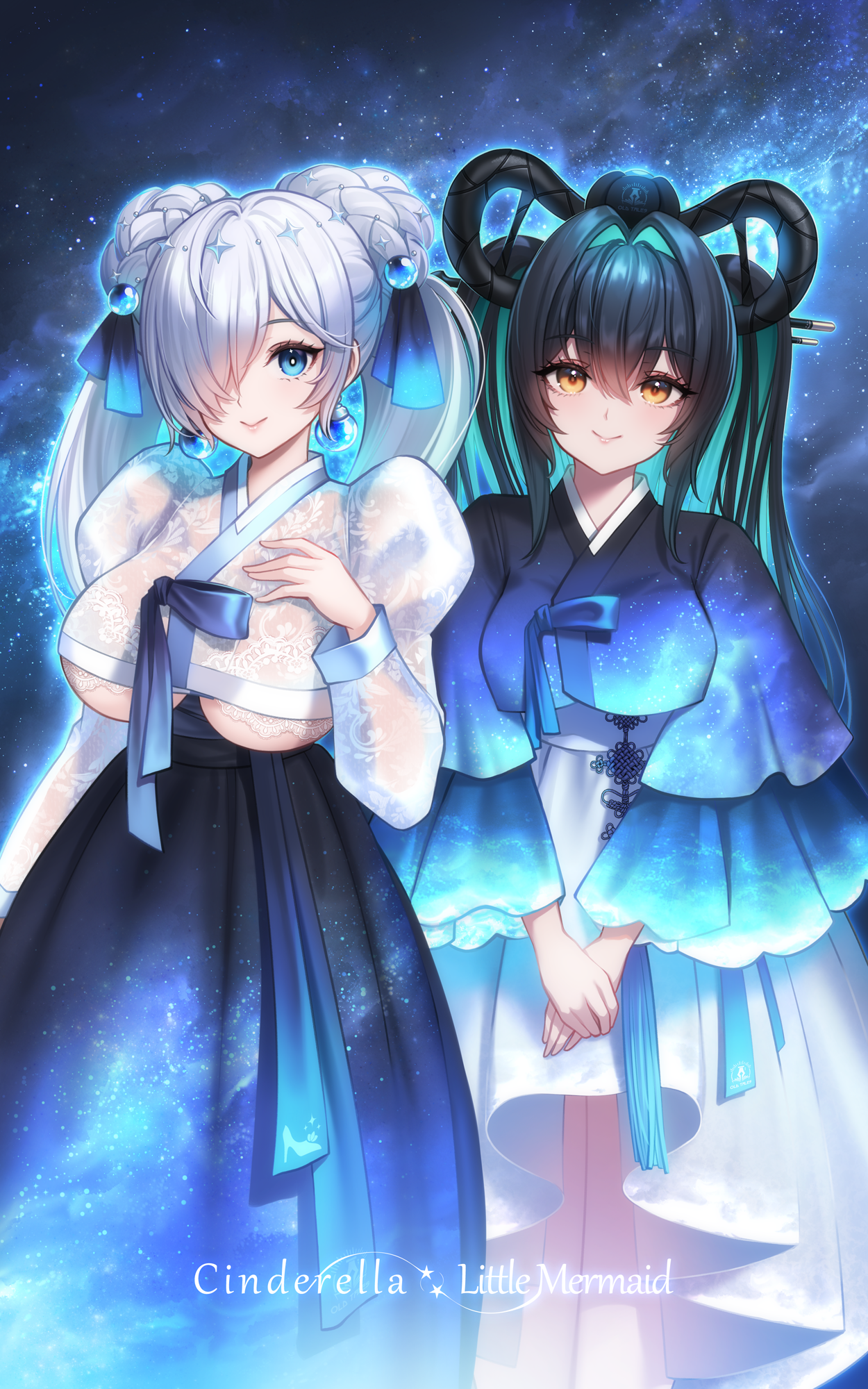 trhisell, cinderella (nikke), little mermaid (nikke), goddess of victory: nikke, highres, 2girls, aqua hair, black hair, blue eyes, blue hanbok, blush, breasts, clothing cutout, colored inner hair, dress, hair intakes, hair over one eye, hanbok, korean clothes, large breasts, long hair, looking at viewer, multicolored hair, multiple girls, one eye covered, smile, underboob, very long hair, white hair, white hanbok, yellow eyes