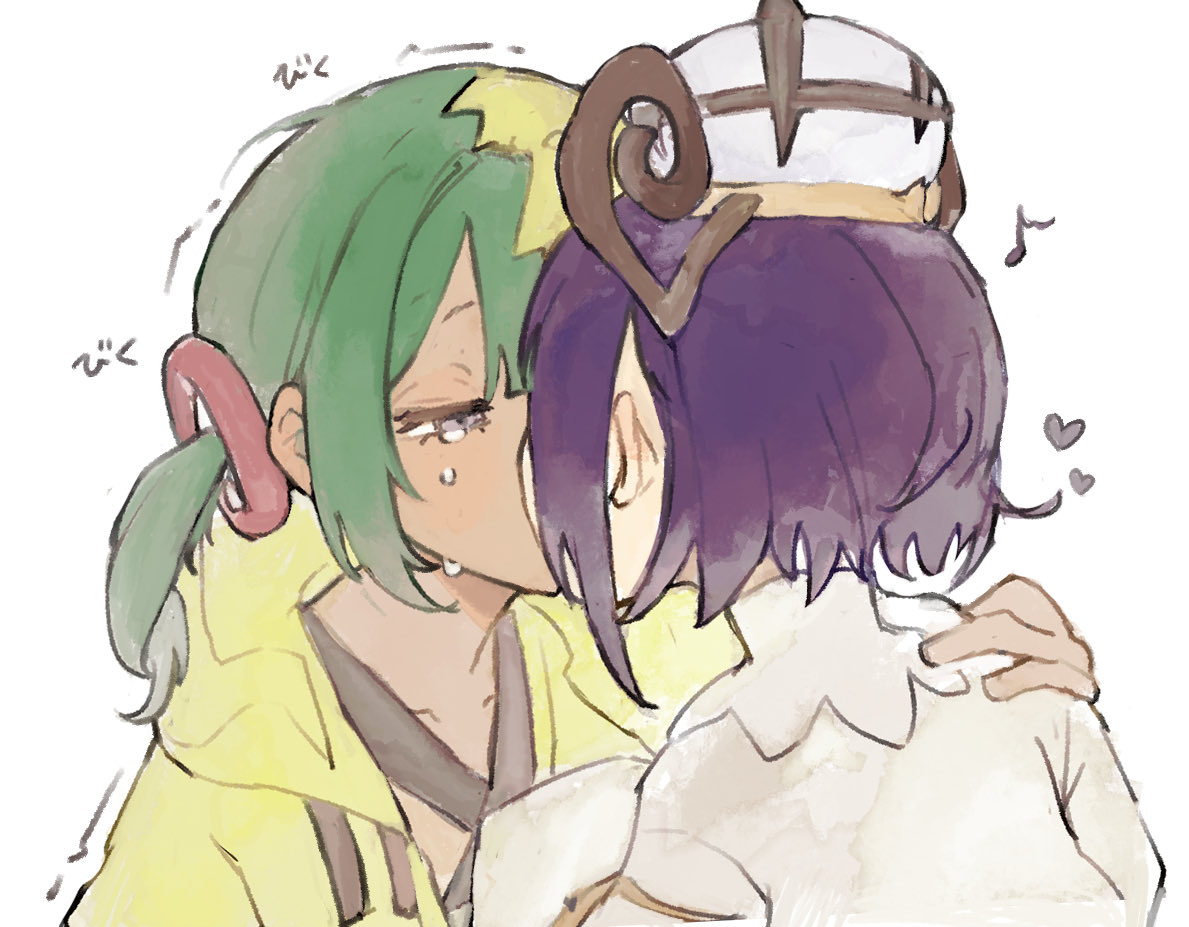 chamopichamo, canari (pokemon), gwynn (pokemon), nintendo, pokemon, pokemon legends: z-a, 2girls, aqua hair, blonde hair, character hat, crying, crying with eyes open, dark-skinned female, dark skin, half-closed eyes, hand on another's shoulder, heart, jacket, kiss, multicolored hair, multiple girls, purple hair, short hair, short twintails, split-color hair, tears, twintails, two-tone hair, yellow jacket, yuri