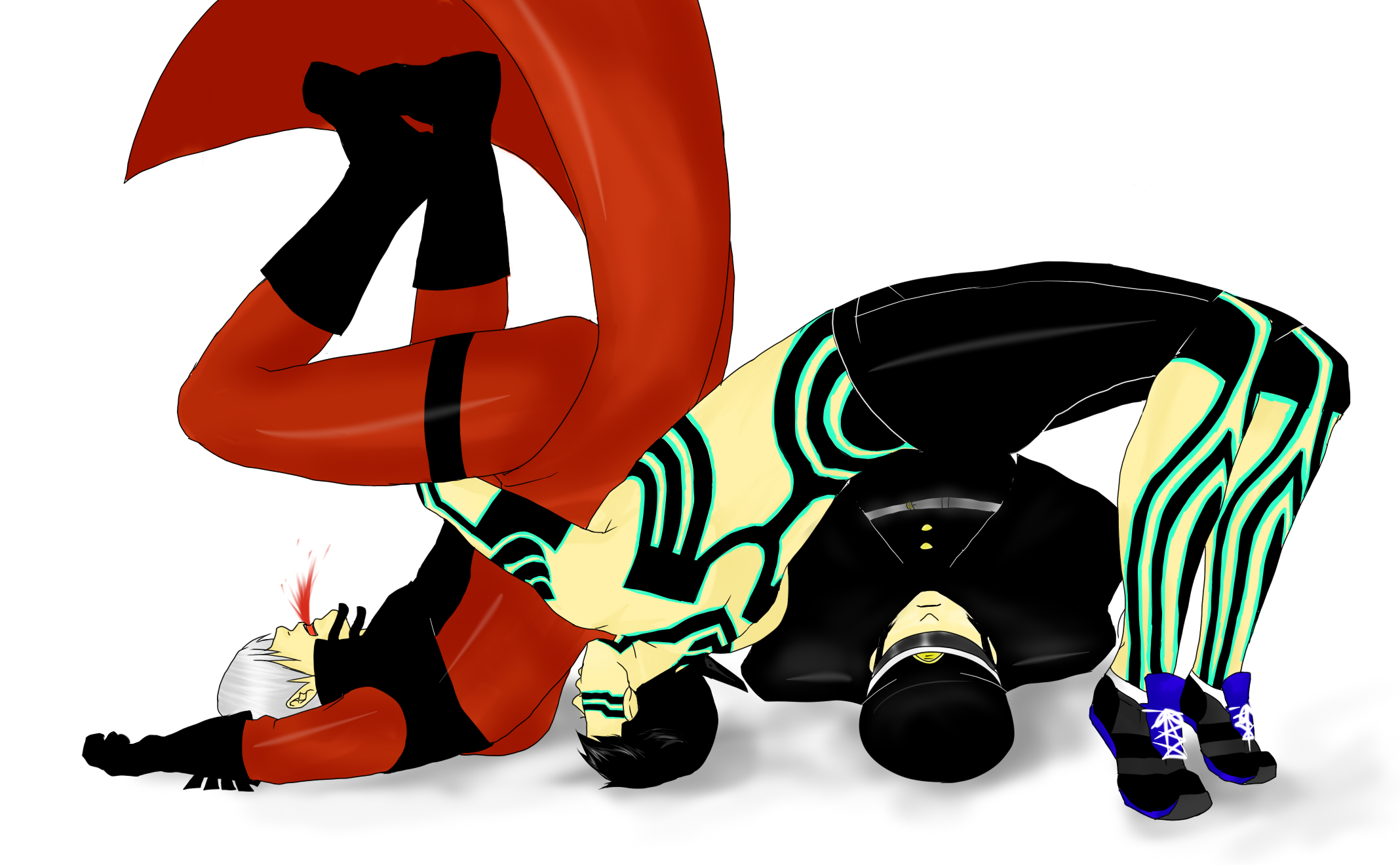 yatsufusa (negro), dante (devil may cry), demi-fiend, kuzunoha raidou, atlus, capcom, devil may cry (series), devil summoner (series), raidou kuzunoha vs the soulless army, shin megami tensei, shin megami tensei iii: nocturne, highres, 00s, 3boys, blood, crossover, german suplex, male focus, multiple boys, suplex