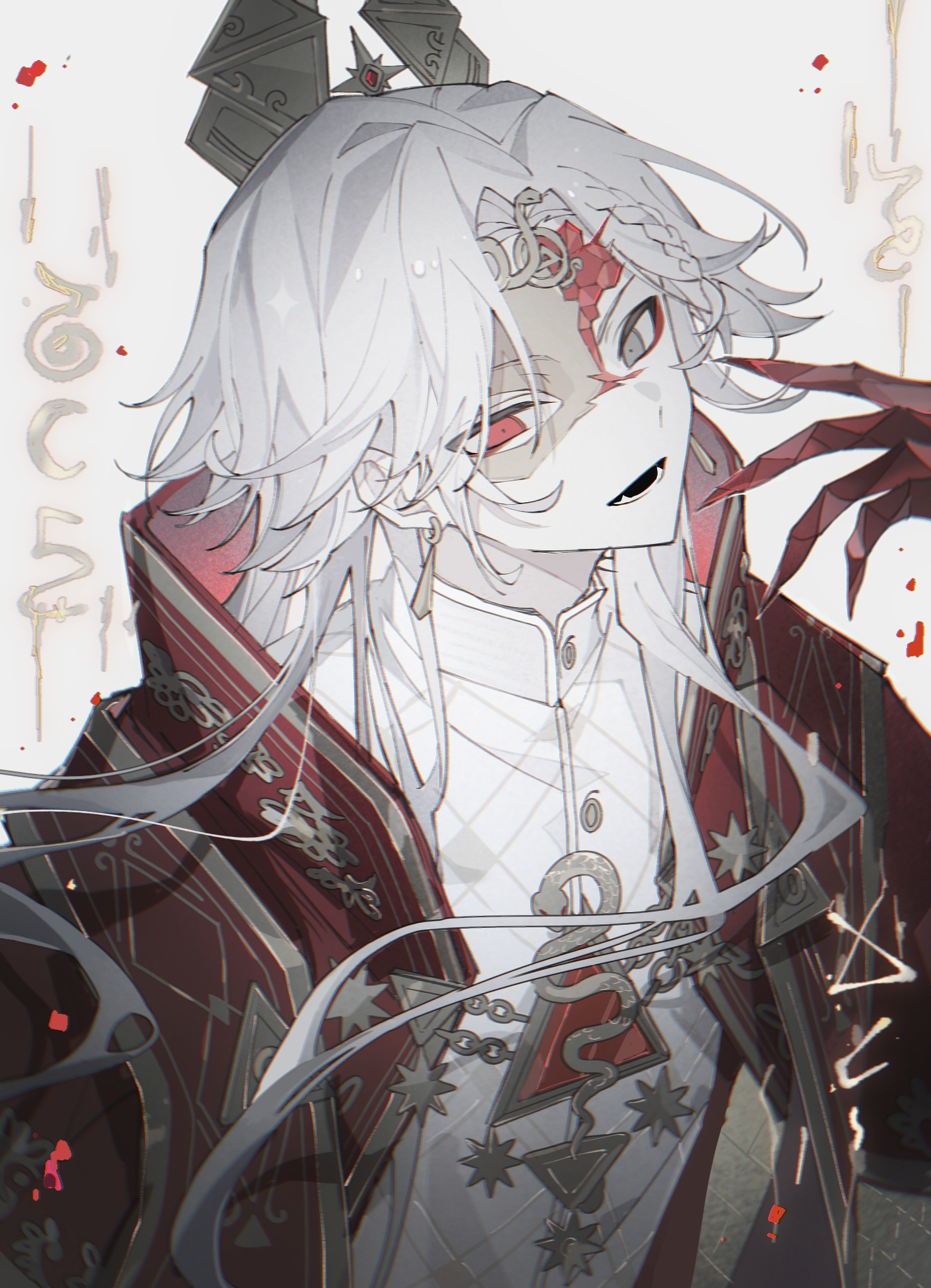 yue (shemika98425261), ithaqua (identity v), ithaqua (philosopher's stone) (identity v), identity v, highres, 1boy, :d, androgynous, braid, cape, earrings, eye mask, floating hair, gold trim, grey eyes, half eye mask, head back, heterochromia, high collar, jacket, jewelry, long hair, looking at viewer, male focus, mask, open mouth, pale skin, red cape, red eyes, short hair with long locks, side braid, smile, solo, upper body, white hair, white jacket