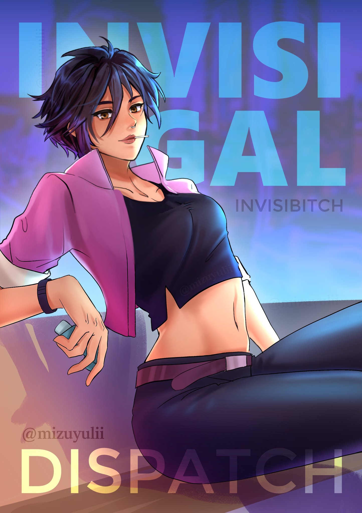 invisigal, dispatch, highres, 1girl, abs, artist name, bare hips, belt, brown eyes, candy, couch, eating, english text, food, lollipop, midriff, mizuyulii, purple background, purple hair, short hair, solo, toned, wristband