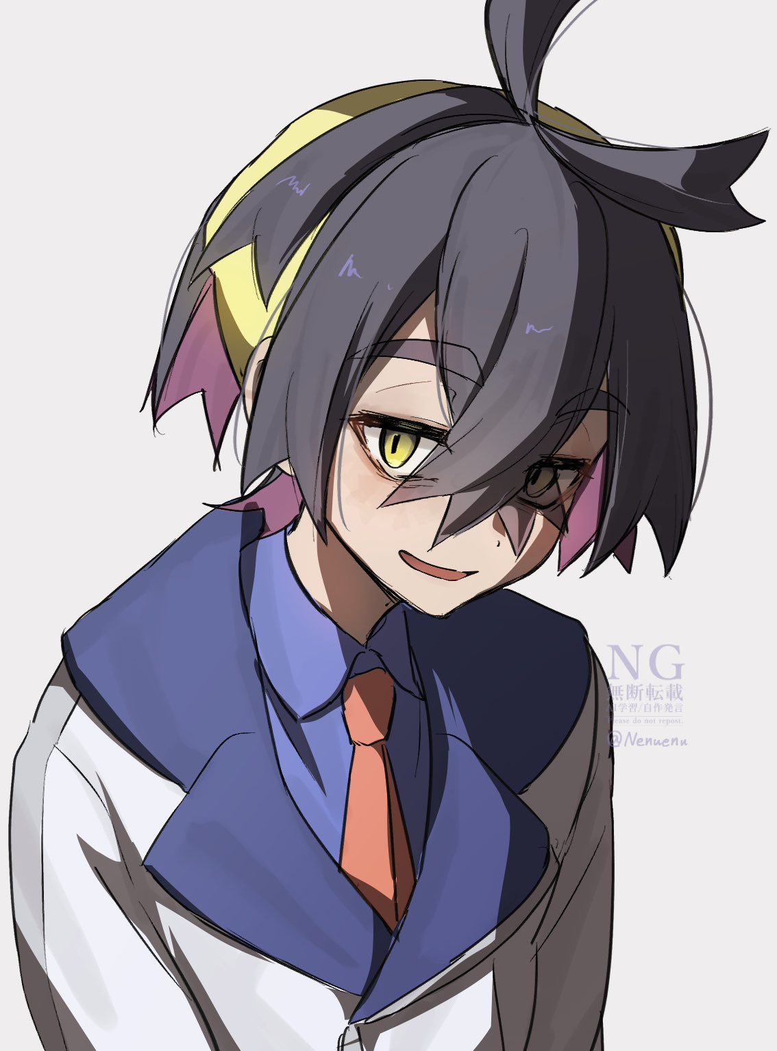 enudesuga, kieran (pokemon), nintendo, pokemon, pokemon sv, commentary request, highres, 1boy, bags under eyes, black hair, blue shirt, collared shirt, crossed bangs, grey background, grey jacket, hair between eyes, hairband, jacket, long sleeves, looking at viewer, male focus, multicolored hair, open mouth, purple hair, shirt, simple background, solo, twitter username, upper body, yellow eyes, yellow hairband