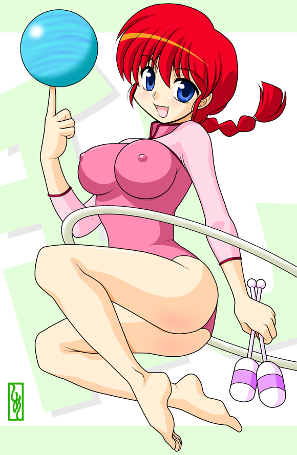 shimeta hiromitsu, ranma-chan, saotome ranma, ranma 1/2, 1girl, ass, ball, barefoot, blue eyes, braid, braided ponytail, breasts, covered erect nipples, feet, female focus, full body, genderswap, genderswap (mtf), gymnastics, hoop, hula hoop, juggling club, large breasts, leotard, plantar flexion, red hair, rhythmic gymnastics, single braid, smile, solo, spandex