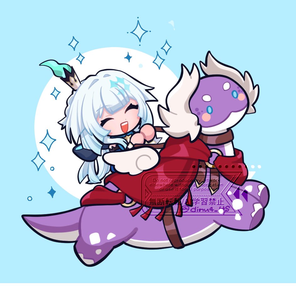 cerydra (honkai: star rail), honkai: star rail, honkai (series), 1girl, blue dress, blue eyes, blue fire, closed eyes, crown, dinosaur, dinu4 hs, dress, dromas (honkai: star rail), fire, long hair, ponytail, riding, watermark, white hair