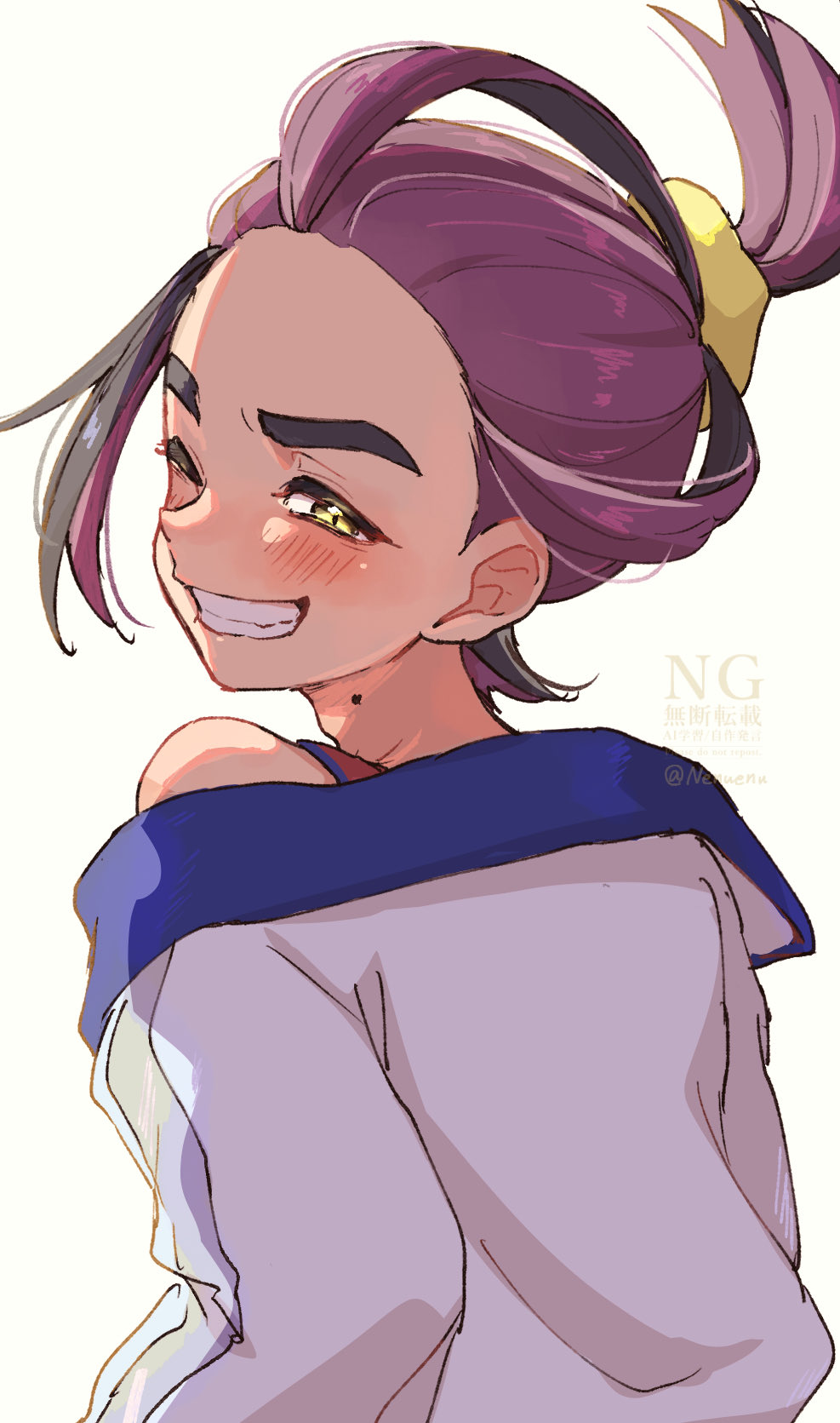enudesuga, kieran (pokemon), nintendo, pokemon, pokemon sv, commentary request, highres, 1boy, black hair, blush, grey jacket, grin, jacket, looking at viewer, looking back, male focus, mole, mole on neck, multicolored hair, off shoulder, one eye closed, purple hair, red tank top, simple background, smile, solo, tank top, twitter username, upper body, white background, yellow eyes