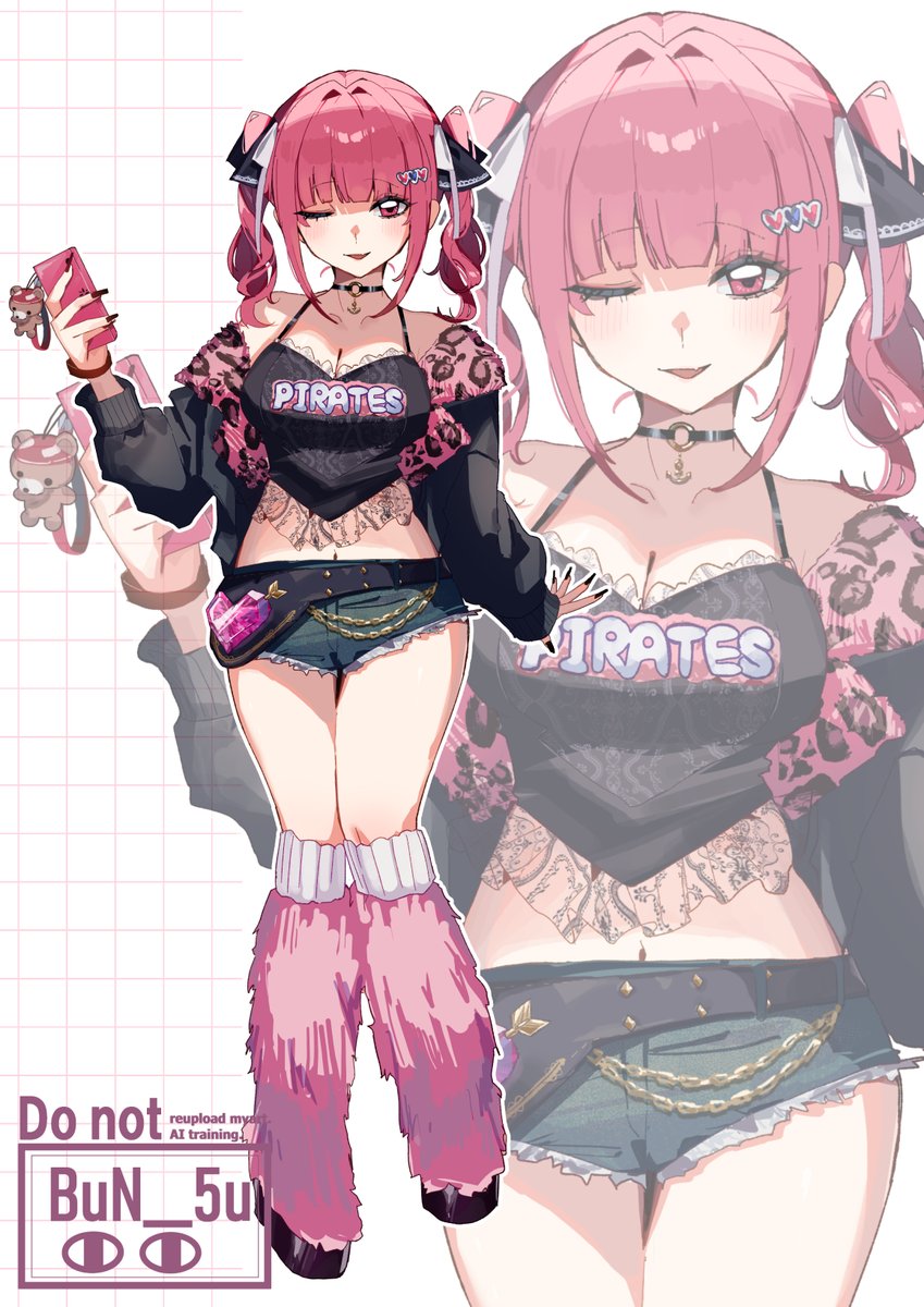 bun (bun 5u), houshou marine, hololive, commentary request, highres, animal print, black nails, blunt bangs, breasts, cellphone charm, chain, charm (object), choker, cleavage, denim, denim shorts, drill hair, english text, fingernails, frills, gold chain, grid background, hair intakes, hair ornament, holding, holding phone, jacket, jacket partially removed, knees together feet apart, large breasts, leg warmers, leopard print, long fingernails, long sleeves, midriff, nail polish, navel, o-ring, o-ring choker, one eye closed, open mouth, phone, pink leg warmers, platform shoes, red eyes, red hair, short shorts, shorts, sidelocks, simple background, thighs, twin drills