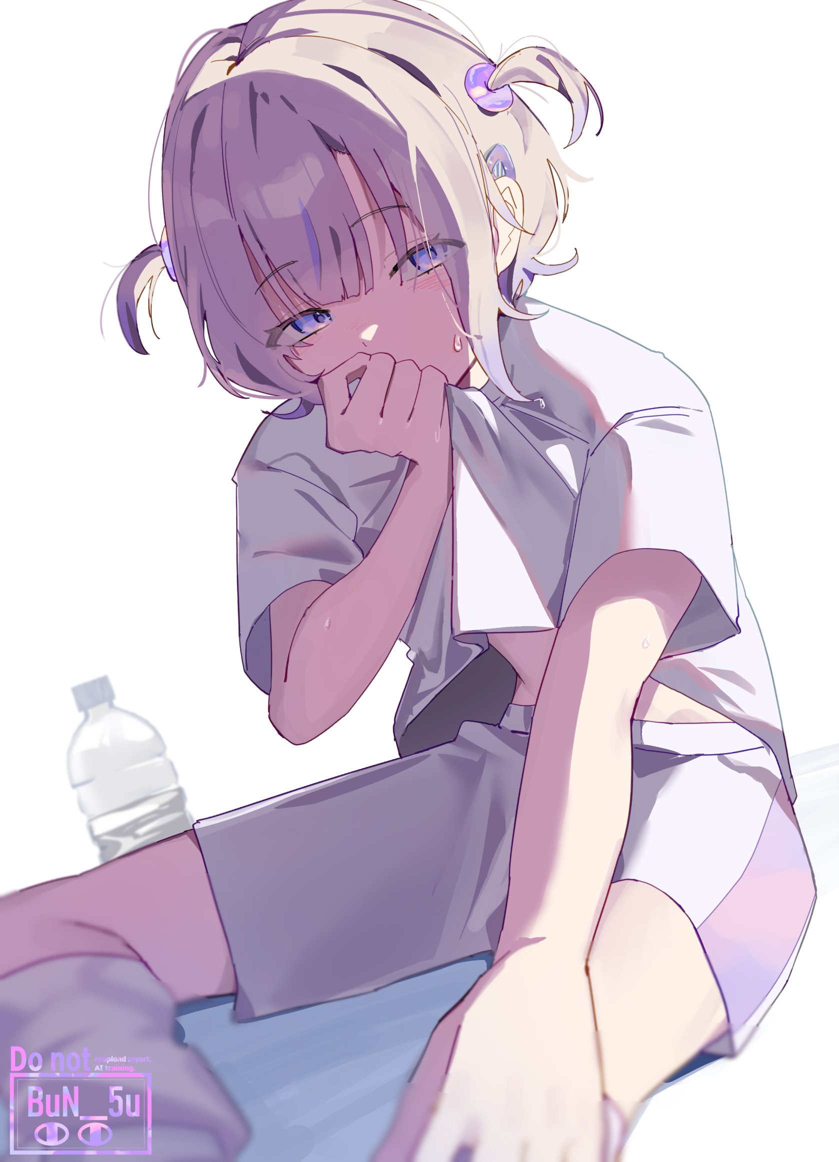 bun (bun 5u), todoroki hajime, hololive, highres, 1girl, bottle, clothes lift, covering own mouth, half-closed eyes, looking at viewer, multicolored hair, purple eyes, purple hair, shirt, shirt lift, short hair, shorts, sitting, solo, stomach, streaked hair, sweat, two side up, virtual youtuber, water bottle, white background, wiping face