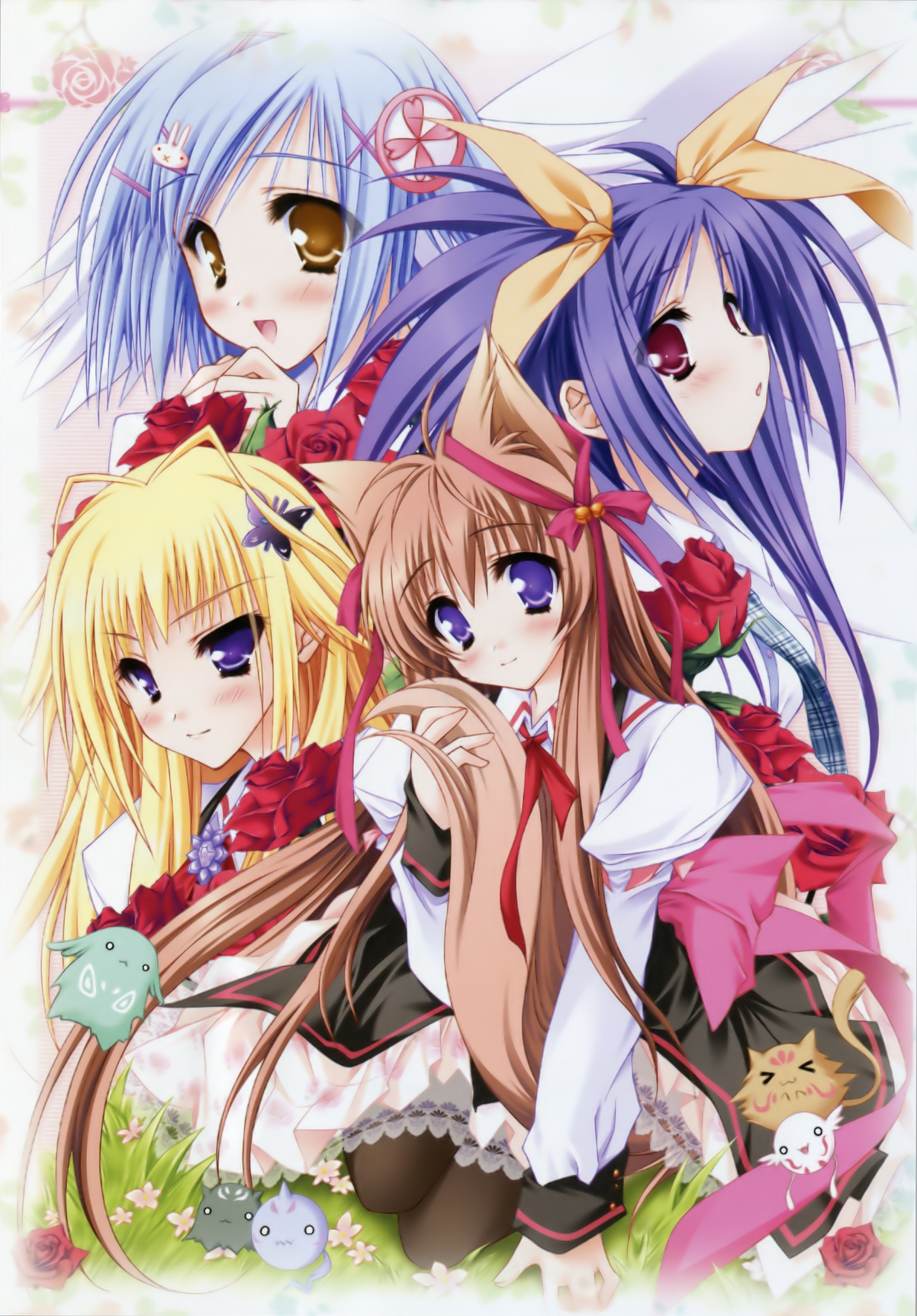moekibara fumitake, kawai ameri, kisaragi mifuyu, mito mashiro, takanashi yumina, tayutama, highres, 00s, 4girls, :o, animal ears, blonde hair, blue eyes, blush, brown eyes, fox ears, long hair, looking at viewer, multiple girls, pantyhose, parted lips, purple hair, red eyes, simple background, tareme, very long hair, white background