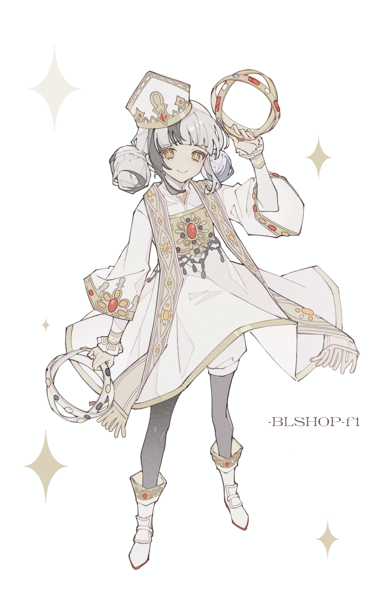 yue (shemika98425261), lily barriere, lily barriere (bishop), identity v, absurdres, highres, 1girl, :>, arm up, black hair, black pantyhose, boots, character name, cross-shaped pupils, double bun, dress, floating clothes, frilled sleeves, frills, full body, gem, gold trim, hair bun, hat, layered sleeves, long sleeves, multicolored hair, official alternate costume, pantyhose, puffy shorts, raised inner eyebrows, red gemstone, short over long sleeves, short sleeves, shorts, smile, solo, symbol-shaped pupils, three-quarter sleeves, two-tone hair, white boots, white dress, white hair, white hat, white shorts, wide sleeves, yellow eyes, yellow gemstone