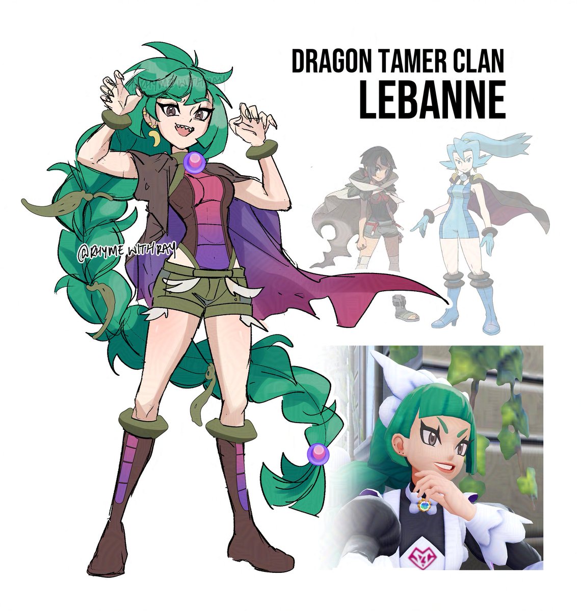 rhymewithray, clair (pokemon), lebanne (pokemon), zinnia (pokemon), nintendo, pokemon, pokemon legends: z-a, highres, 1girl, aged down, alternate costume, boots, bracelet, braid, braided ponytail, brown boots, brown cloak, brown eyes, brown leotard, character name, claw pose, cloak, earrings, fingernails, full body, game screenshot inset, gradient clothes, gradient leotard, green shorts, hair bobbles, hair ornament, hands up, jewelry, knee boots, leotard, long braid, long fingernails, long hair, looking at viewer, messy hair, multicolored leotard, official art inset, open mouth, orb, purple cloak, purple leotard, reference inset, sharp fingernails, sharp teeth, short shorts, shorts, single braid, smile, solo, standing, teeth, two-sided cloak, two-sided fabric, upper teeth only, very long hair