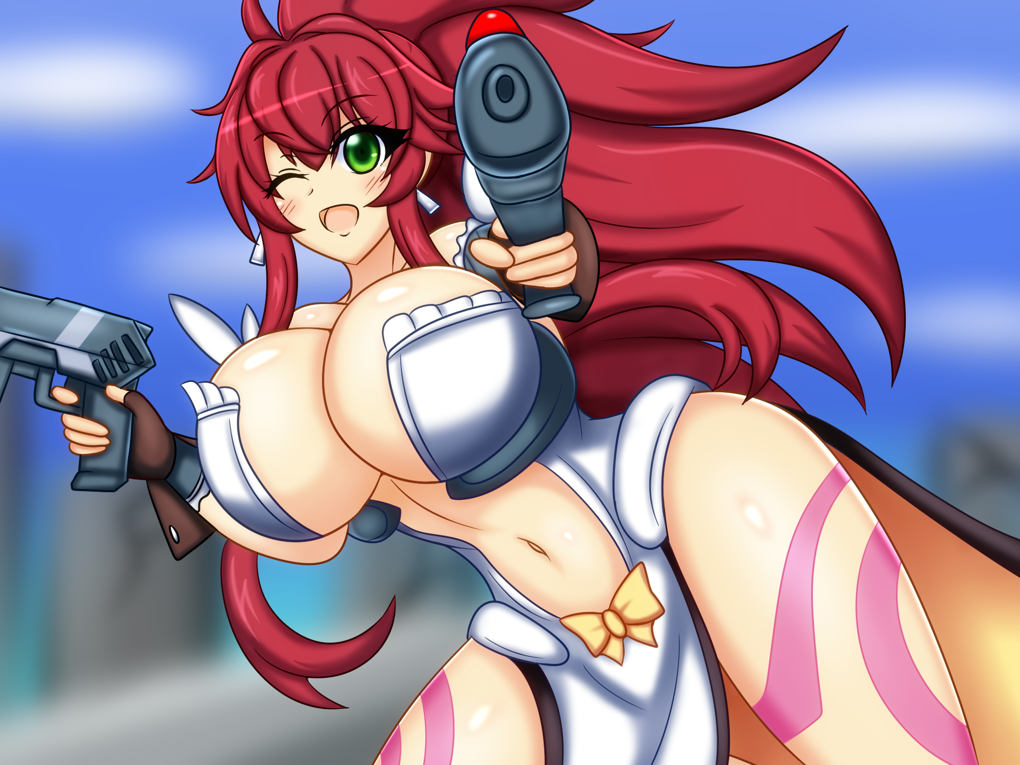 ume yukari, himeki luna, vanguard princess, highres, 1girl, blurry, blurry background, blush, breasts, cleavage, curvy, dual wielding, earrings, fingerless gloves, gloves, green eyes, gun, holding, holding gun, holding weapon, huge breasts, jewelry, long hair, long sidelocks, looking at viewer, navel, one eye closed, open mouth, pelvic curtain, ponytail, red hair, revealing clothes, sidelocks, smile, solo, tattoo, thick thighs, thighs, weapon, wide hips