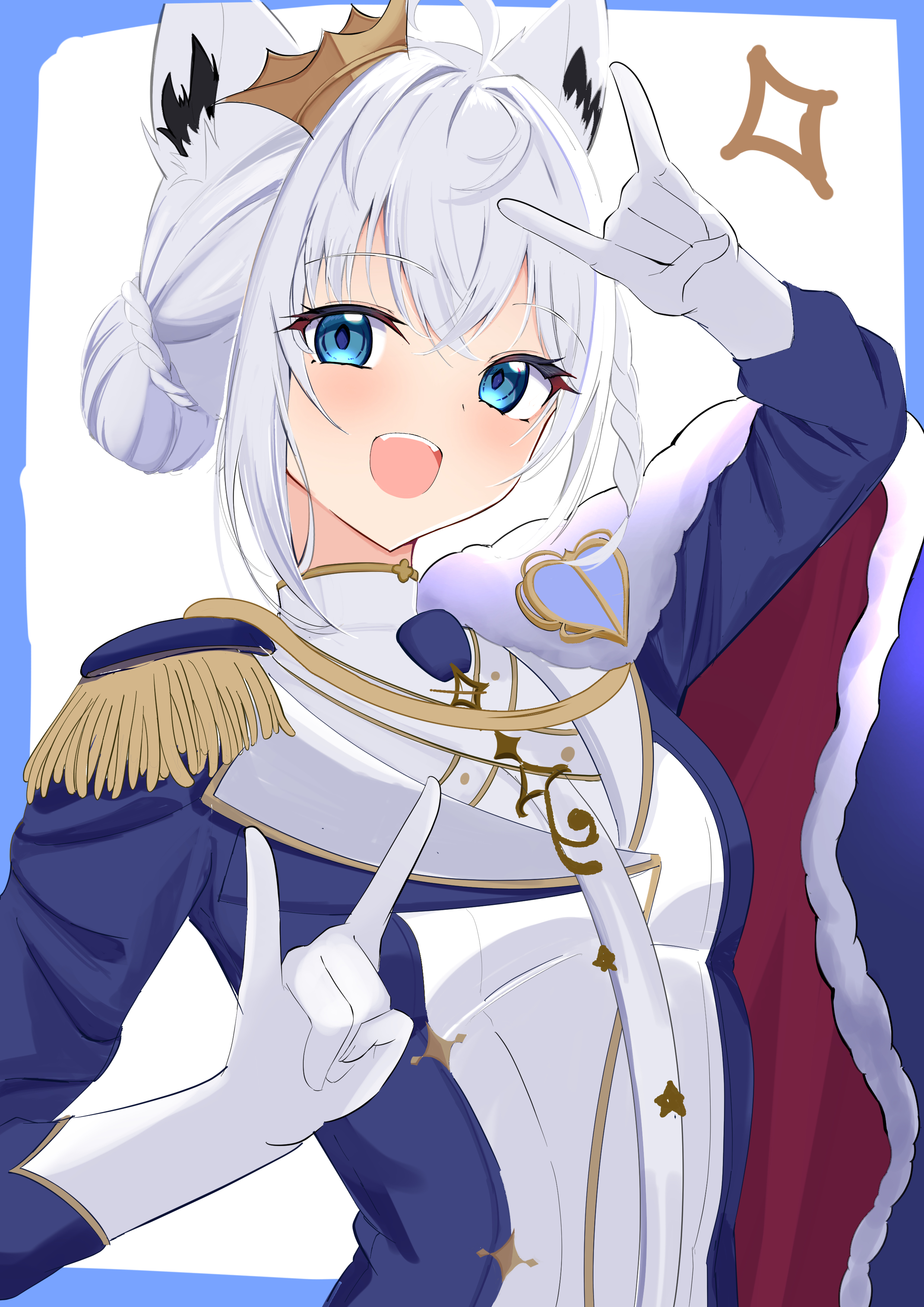 umikotatsu, shirakami fubuki, shirakami fubuki (fbkingdom), hololive, absurdres, highres, 1girl, ahoge, animal ear fluff, animal ears, blue eyes, braid, bun with braided base, cape, crown, double fox shadow puppet, epaulettes, fox ears, fox girl, fox shadow puppet, fur-trimmed cape, fur trim, hair between eyes, hair bun, long sleeves, looking at viewer, mini crown, official alternate costume, official alternate hairstyle, open mouth, red cape, side cape, single epaulette, smile, solo, tilted headwear, upper body, virtual youtuber