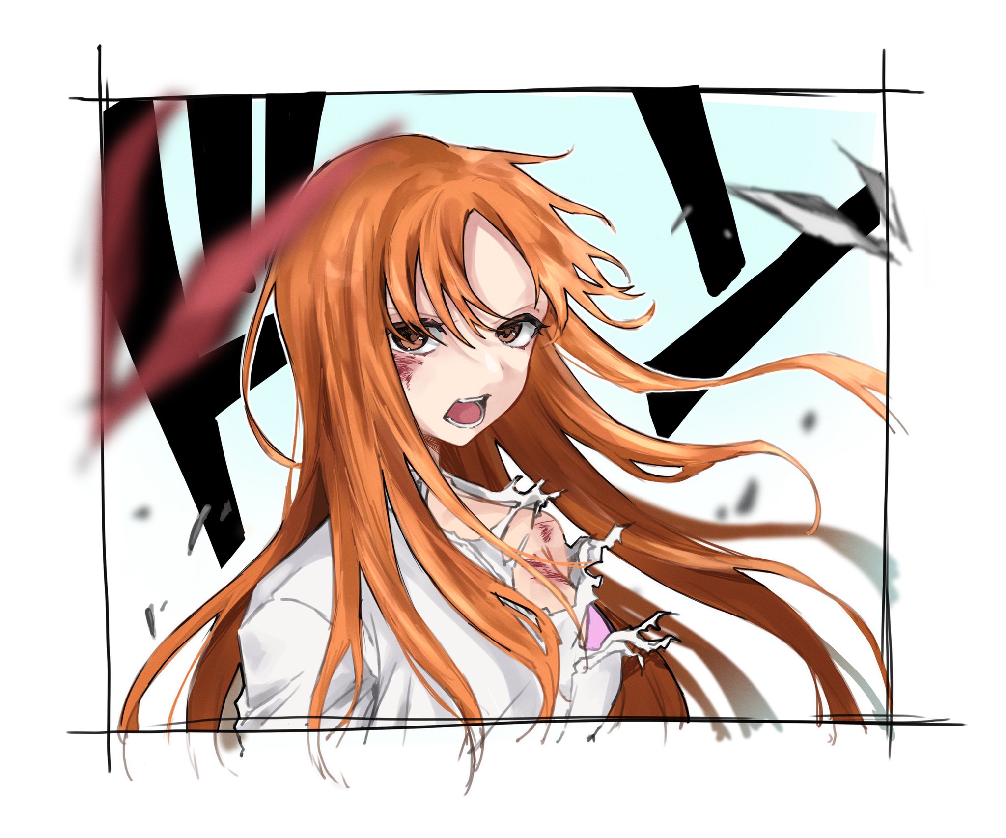 ui 1231, inoue orihime, bleach, highres, 1girl, 2022, angry, bare shoulders, battle damage, blood, blouse, border, breasts, brown eyes, long hair, looking at viewer, open mouth, orange hair, parted bangs, shirt, shun shun rikka, simple background, tongue, torn clothes, upper body, wavy hair, white border