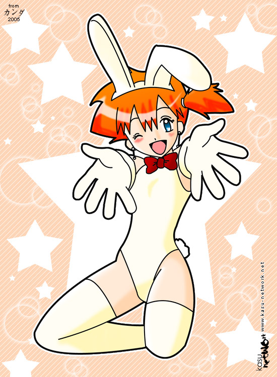 misty (pokemon), nintendo, pokemon, 1girl, earrings, female focus, gloves, jewelry, looking at viewer, one eye closed, playboy bunny, solo, thighhighs, wink