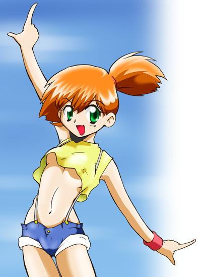 geropper, misty (pokemon), nintendo, pokemon, 1girl, alternate color, arm up, bare shoulders, blue sky, breasts, clothes lift, cloud, cloudy sky, cowboy shot, crop top, cropped legs, denim, denim shorts, female focus, green eyes, looking at viewer, midriff, navel, no bra, open mouth, orange hair, outdoors, pointing, pointing up, ponytail, shirt, shirt lift, short hair, short ponytail, short shorts, shorts, side ponytail, sky, sleeveless, sleeveless shirt, smile, solo, suspenders, thigh gap, wristband, yellow shirt