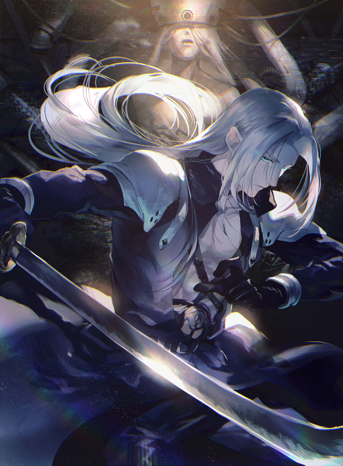 sunakumo, jenova, sephiroth, final fantasy, final fantasy vii, commentary request, highres, 1boy, 1other, black gloves, closed eyes, closed mouth, covered eyes, gloves, green eyes, holding, holding sword, holding weapon, long hair, looking at viewer, looking to the side, sword, weapon, white hair