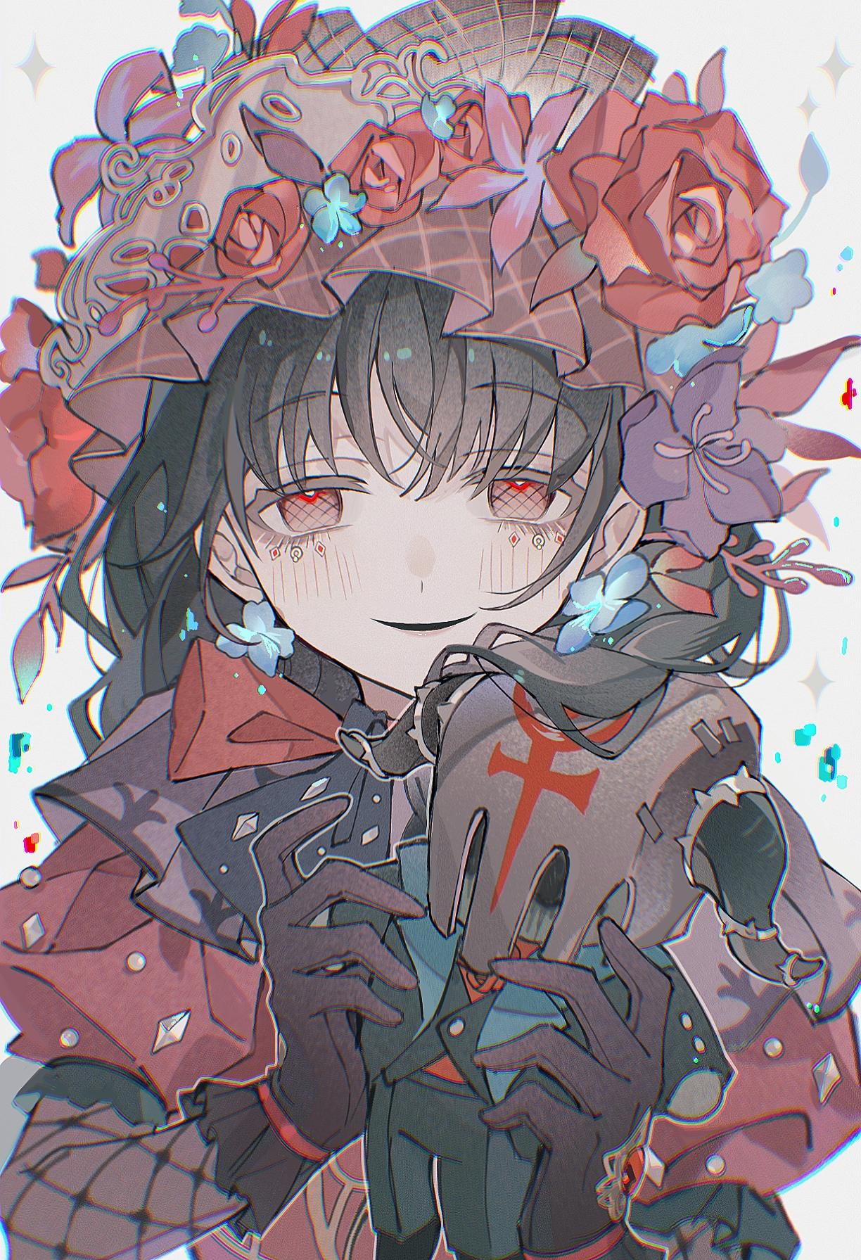 yue (shemika98425261), memory (identity v), memory (miss pomegranate plate) (identity v), identity v, highres, 1girl, black gloves, black hair, blue flower, braid, earrings, face gems, fishnet sleeves, fishnets, floating clothes, floating hair, flower, flower earrings, frilled gloves, frills, gem, gloves, headdress, holding, holding stuffed toy, jewelry, looking at viewer, no pupils, official alternate costume, puffy sleeves, purple flower, raised eyebrows, red eyes, red flower, red gemstone, red rose, red sleeves, ribbon-trimmed gloves, ribbon trim, rose, side braid, solo, striped blush, stuffed animal, stuffed toy