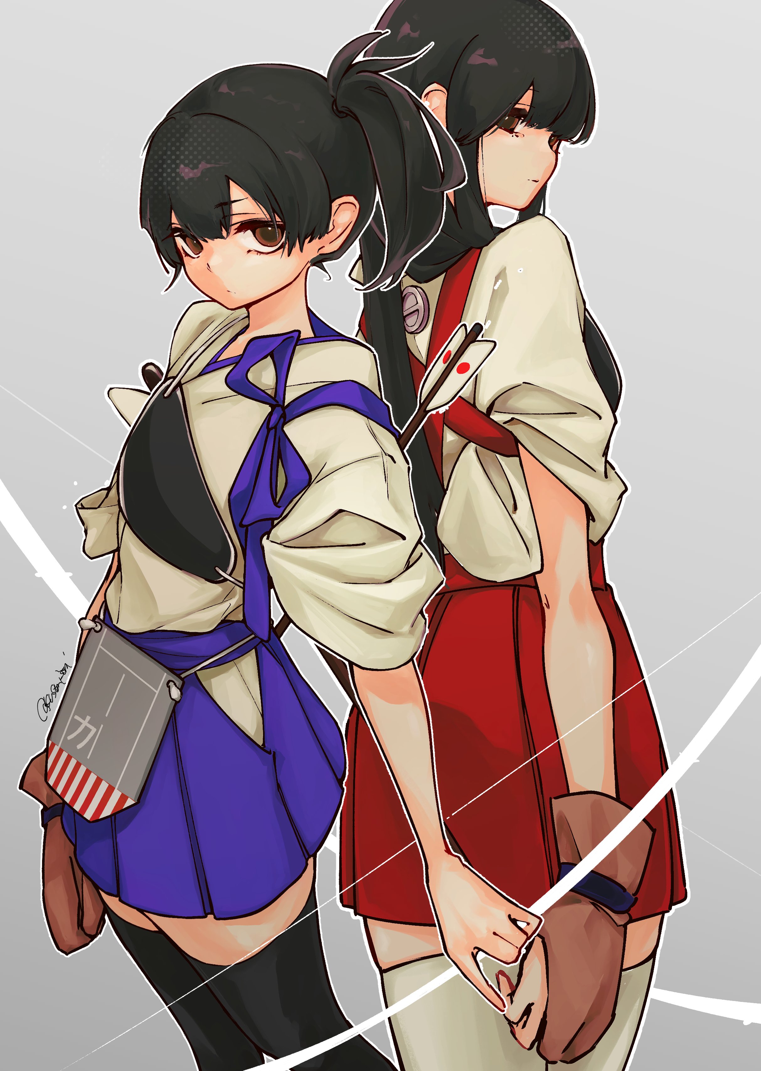 kusomisoni, akagi (kancolle), kaga (kancolle), kantai collection, absurdres, commentary, highres, 2girls, arrow (projectile), black hair, black thighhighs, blue hakama, bow (weapon), brown eyes, brown gloves, closed mouth, from behind, gloves, grey background, hair between eyes, hakama, hakama skirt, holding, holding arrow, holding weapon, japanese clothes, kimono, long hair, looking at viewer, looking back, multiple girls, muneate, partially fingerless gloves, partly fingerless gloves, ponytail, red hakama, side ponytail, simple background, skirt, tasuki, thighhighs, weapon, white kimono, white thighhighs, yugake