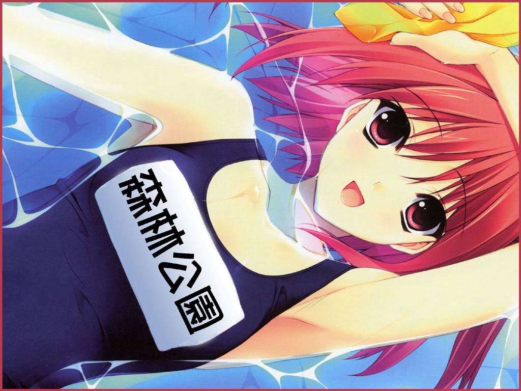 suzuhira hiro, shiki asahi, r g b, armpits, one-piece swimsuit, open mouth, pink eyes, red eyes, red hair, school swimsuit, short hair, solo, swimsuit, water