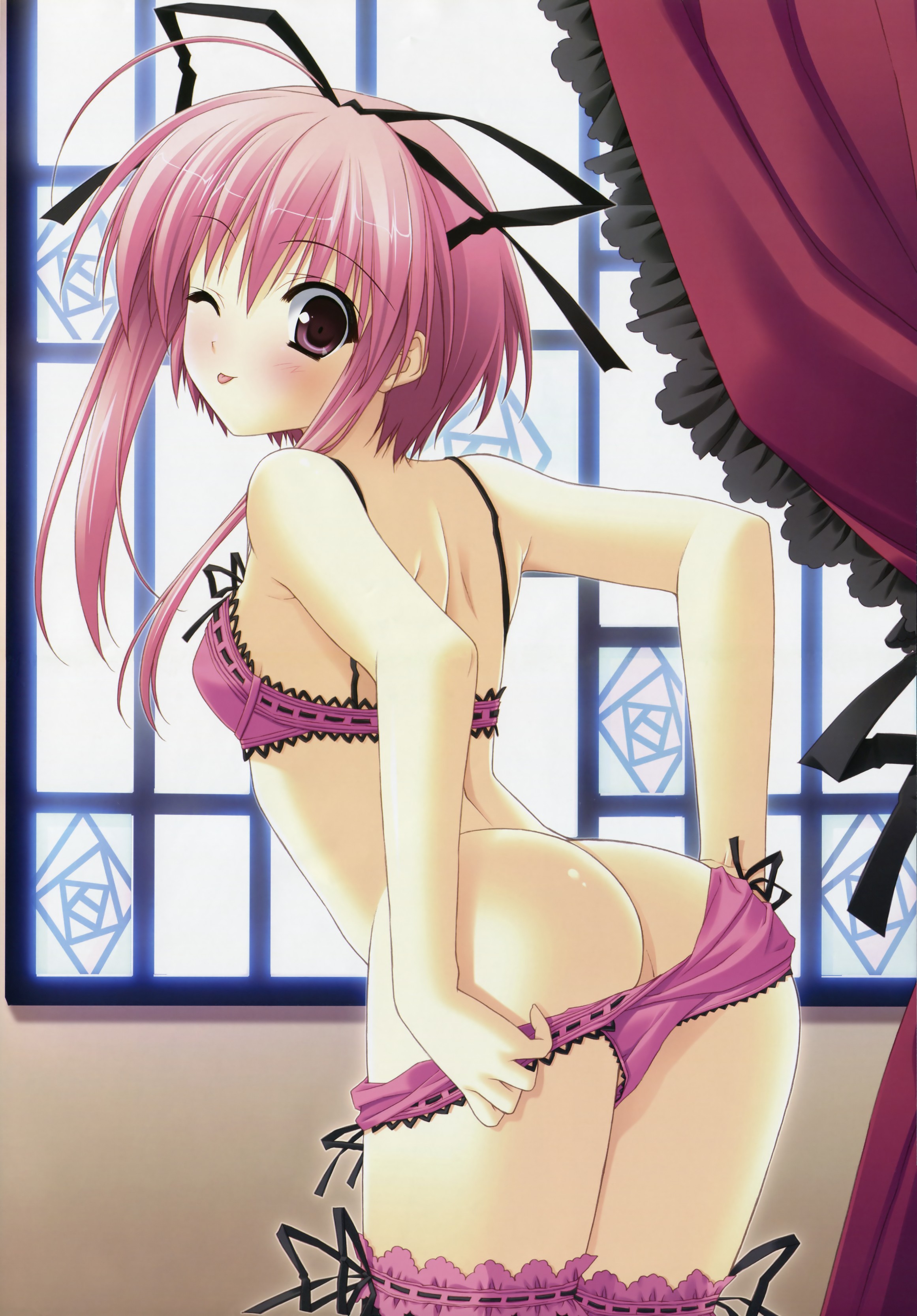 suzuhira hiro, fujisaki amane, stellar theater, absurdres, highres, 1girl, :p, ass, blush, curtains, female focus, frilled thighhighs, frills, lingerie, one eye closed, panties, panty pull, pink eyes, pink hair, purple eyes, short hair, short hair with long locks, solo, thighhighs, tongue, tongue out, underwear, window, wink
