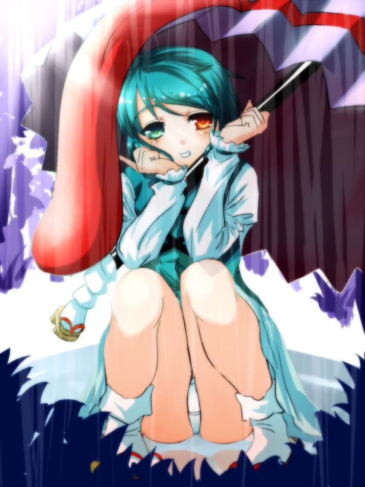 irusu, tatara kogasa, touhou, 1girl, aqua hair, female focus, geta, grin, heterochromia, karakasa obake, panties, pantyshot, rain, sitting, smile, solo, squatting, tongue, umbrella, underwear