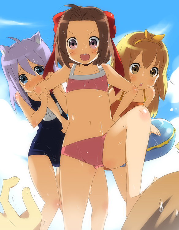 kl (dgzonbi), pixiv fantasia, pixiv fantasia 3, 3girls, angry, animal ears, bikini, blonde hair, blue eyes, brown hair, cat ears, child, day, hair ribbon, hairband, multiple girls, one-piece swimsuit, purple hair, ribbon, school swimsuit, short hair, swimsuit, tears, trample, wet