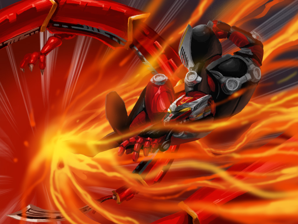 obui, dragreder, kamen rider ryuki, kamen rider, kamen rider ryuki (series), 1boy, bodysuit, dragon, fire, from above, kicking, skin tight