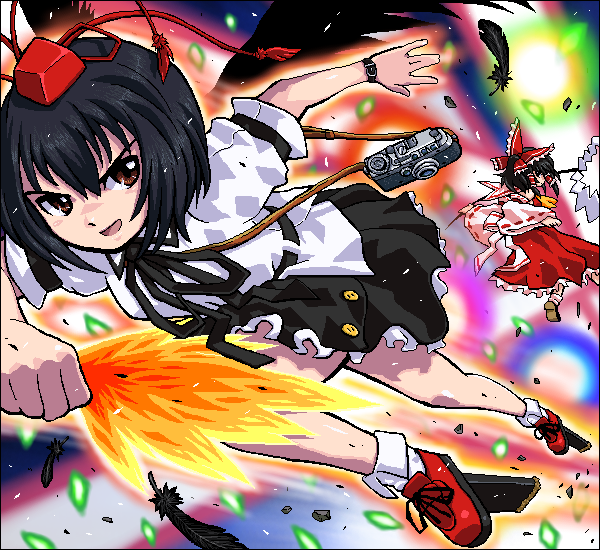 johnnie, hakurei reimu, shameimaru aya, touhou, 2girls, black hair, camera, danmaku, feathers, female focus, geta, gohei, hand fan, hat, jaggy lines, multiple girls, oekaki, tengu-geta, tokin hat