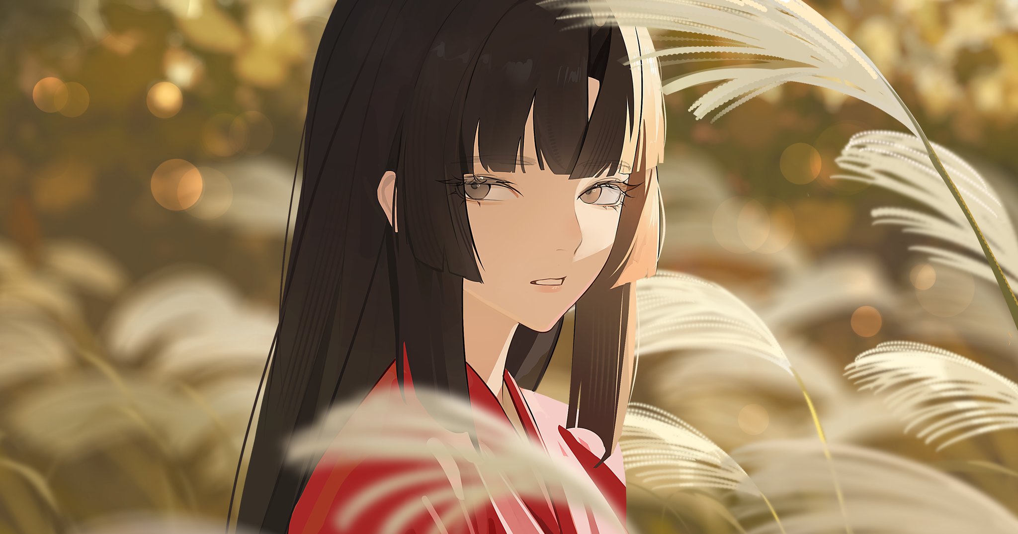 drid, character request, commentary, copyright request, highres, plant request, symbol-only commentary, 1girl, black hair, blunt ends, blurry, bokeh, brown eyes, crossed bangs, day, depth of field, from side, hime cut, japanese clothes, kimono, looking at viewer, open mouth, outdoors, portrait, red kimono, sidelocks, solo, teeth
