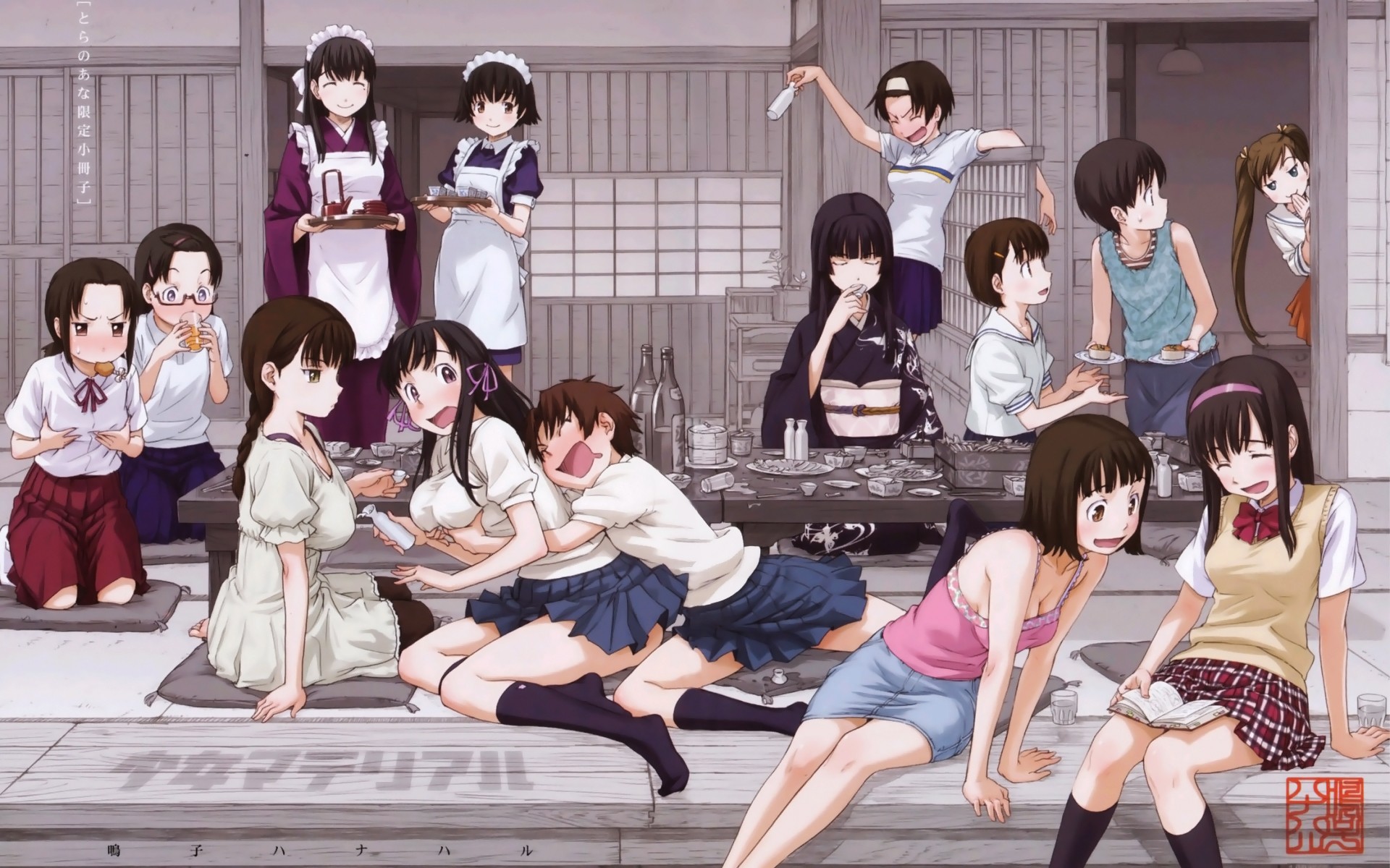 naruko hanaharu, shoujo material, highres, translated, 6+girls, black hair, blush, breast envy, breasts, closed eyes, drunk, female focus, glasses, grabbing another's breast, groping, hug, japanese clothes, large breasts, looking at breasts, maid, medium breasts, multiple girls, school uniform, yuri