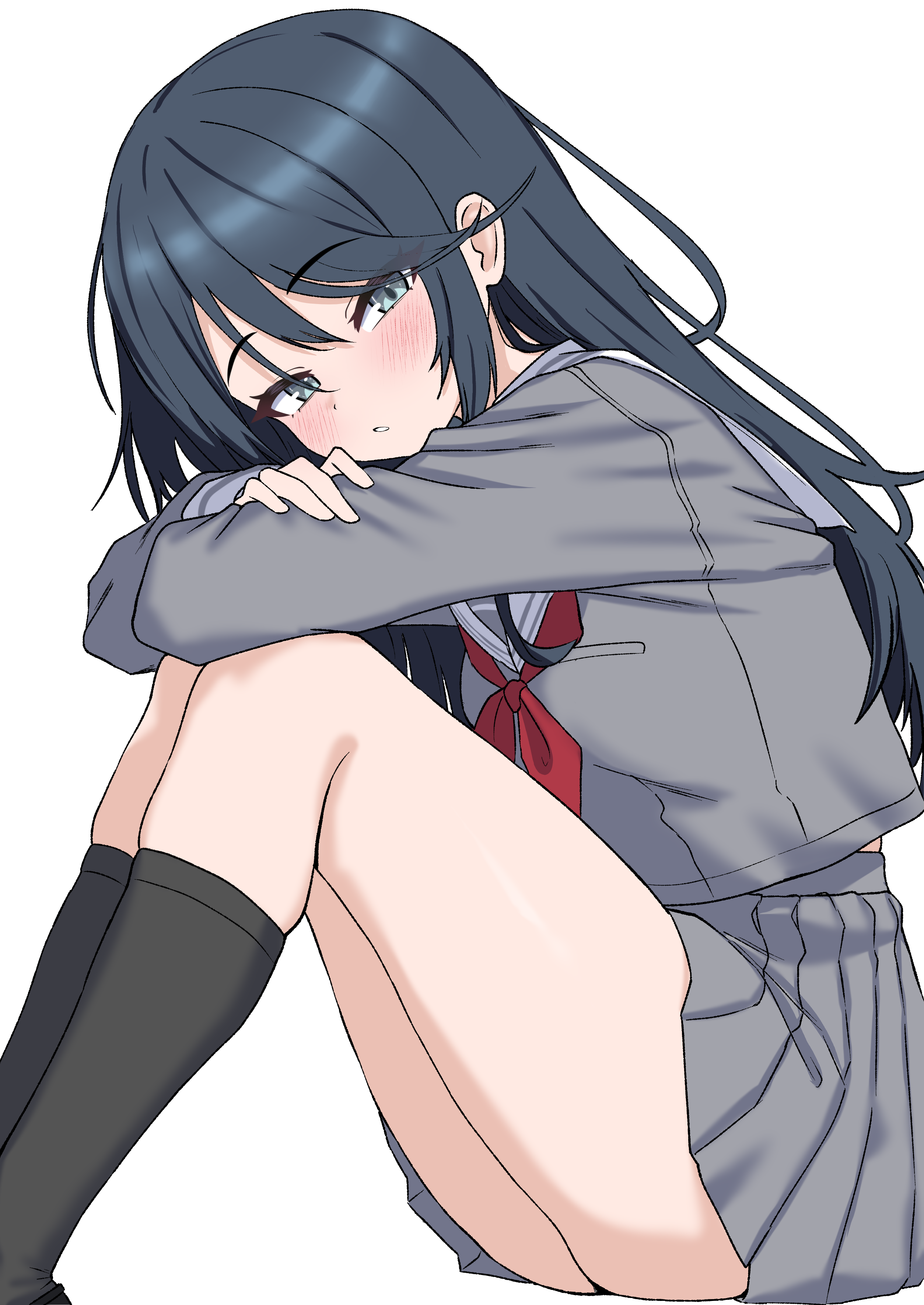 oldsickkim, hoshino ichika (project sekai), project sekai, absurdres, highres, 1girl, ass, black hair, black socks, blush, from side, grey eyes, grey serafuku, grey shirt, grey skirt, kneehighs, knees up, long hair, long sleeves, looking at viewer, midriff peek, miniskirt, neckerchief, parted lips, pleated skirt, red neckerchief, sailor collar, school uniform, serafuku, shirt, shirt overhang, simple background, sitting, skindentation, skirt, socks, solo, sweat, swept bangs, thighs, white background, white sailor collar