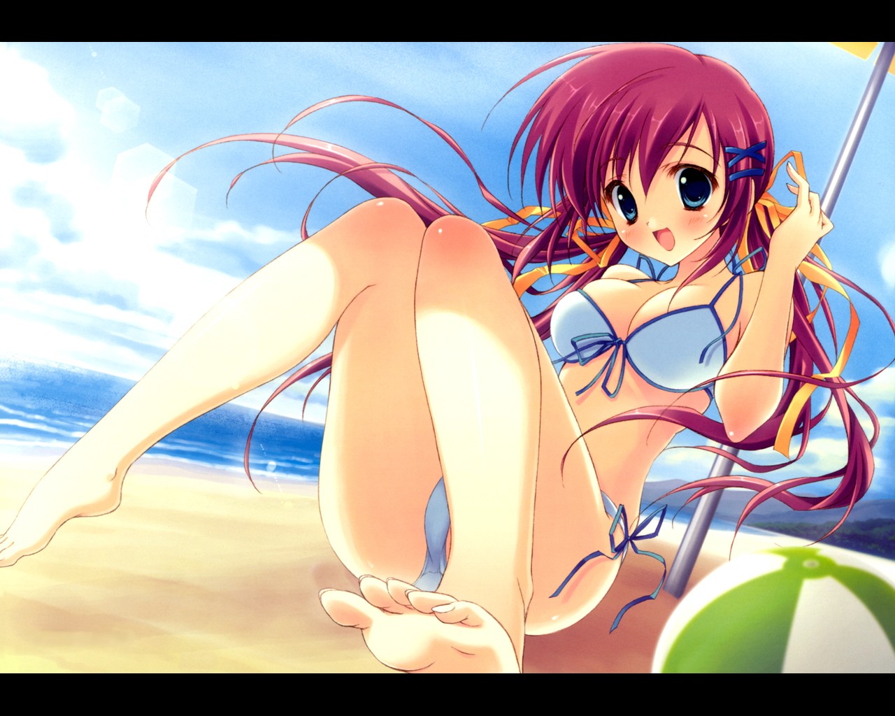 ryouka (suzuya), shirakawa nanaka, da capo, da capo ii, 00s, 1girl, ball, barefoot, beach, beachball, bikini, blue eyes, blush, breasts, cleavage, day, feet, female focus, front-tie top, large breasts, lens flare, letterboxed, long hair, open mouth, outdoors, parasol, pink hair, side-tie bikini bottom, smile, solo, swimsuit, toes, umbrella