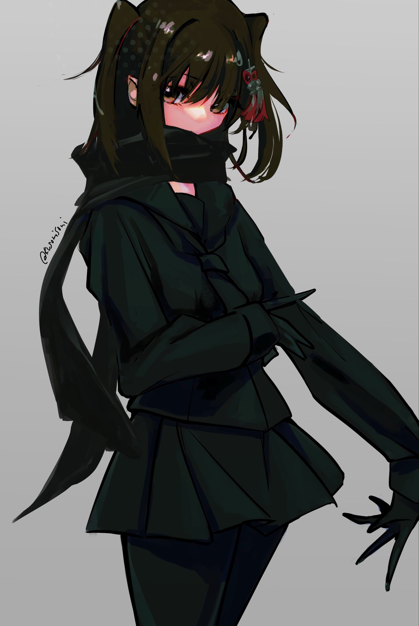 kusomisoni, sendai (kancolle), sendai kai ni (kancolle), kantai collection, commentary request, highres, 1girl, alternate costume, black gloves, black neckerchief, black pantyhose, black sailor collar, black scarf, black serafuku, brown eyes, brown hair, gloves, grey background, hair between eyes, hair ornament, long sleeves, looking at viewer, neckerchief, pantyhose, pleated skirt, sailor collar, scarf, school uniform, serafuku, simple background, skirt, solo, twitter username, two side up