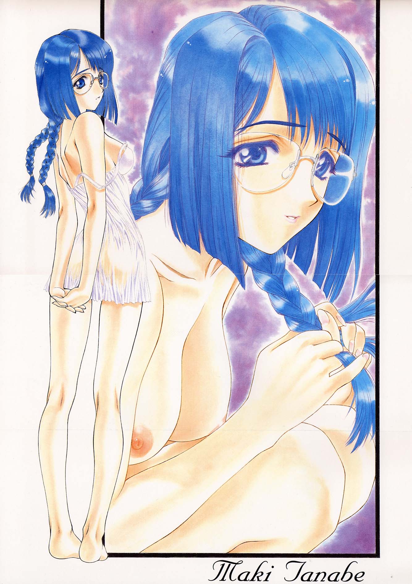 utatane hiroyuki, tanabe maki, gunparade march, highres, 00s, 1girl, barefoot, blue eyes, blue hair, braid, breasts, chemise, female focus, glasses, large breasts, long hair, looking back, matching hair/eyes, nipples, smile, solo, strap slip, twin braids