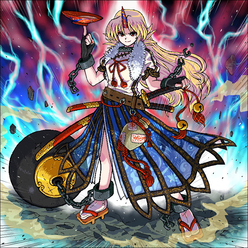 johnnie, hoshiguma yuugi, touhou, 1girl, alcohol, bell, belt, chain, cup, female focus, geta, horns, jaggy lines, long hair, oekaki, sakazuki, sake, single horn, solo, standing