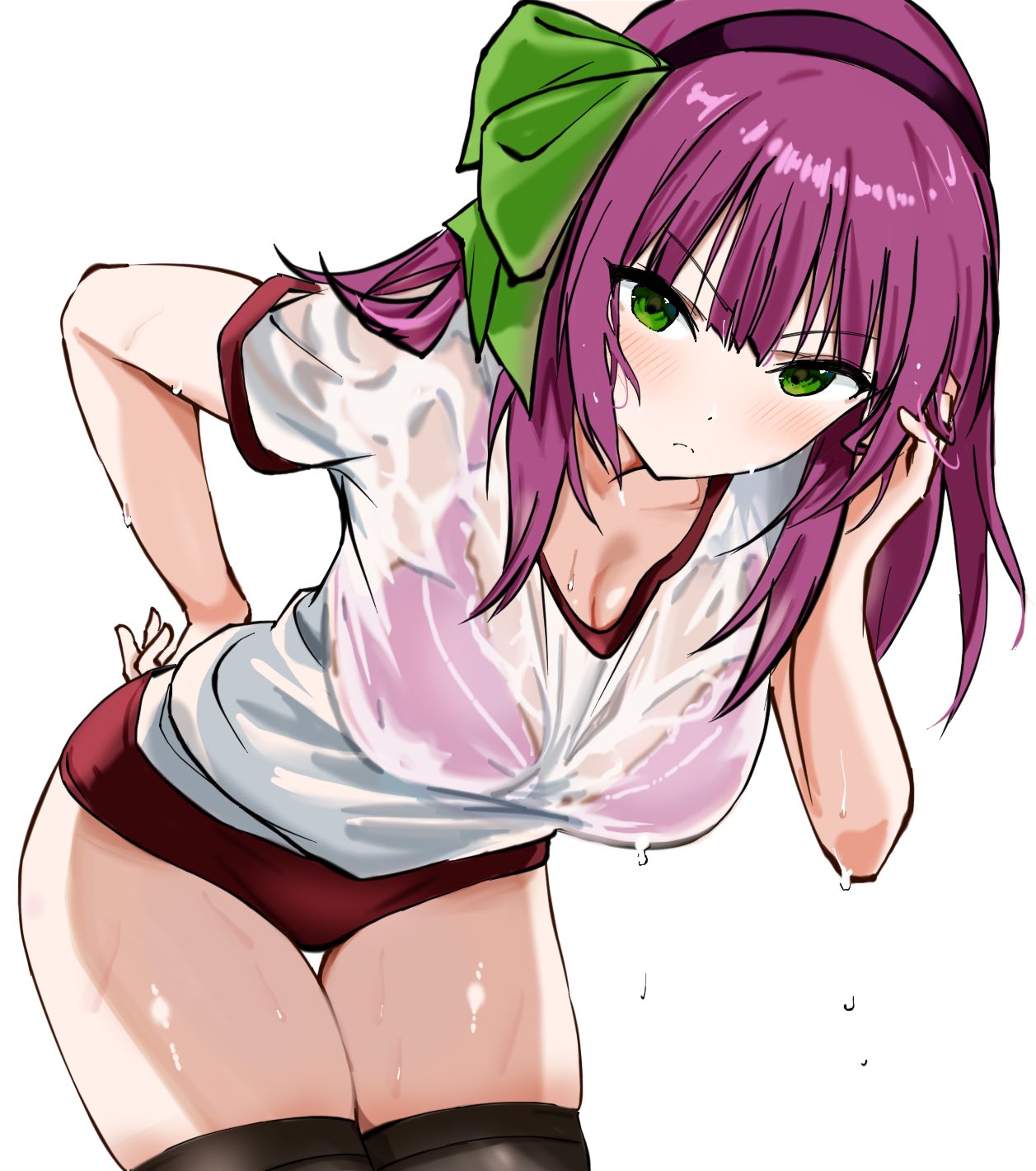 zenoo, nakamura yuri, angel beats!, commentary request, highres, 1girl, alternate costume, black thighhighs, bra, bra visible through clothes, breasts, buruma, cleavage, closed mouth, cowboy shot, green eyes, green ribbon, gym shirt, hair ribbon, hairband, hand in own hair, hand on own hip, leaning forward, looking at viewer, medium breasts, medium hair, pink bra, purple hair, purple hairband, red buruma, ribbon, shirt, simple background, solo, thighhighs, underwear, wet, wet clothes, wet shirt, white background, white shirt
