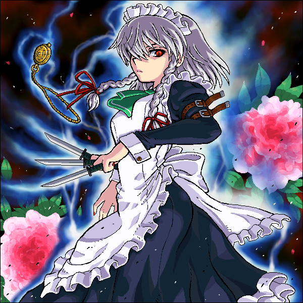 johnnie, izayoi sakuya, touhou, silver hair, 1girl, braid, female focus, flower, jaggy lines, knife, maid, oekaki, pocket watch, red eyes, short hair, solo, twin braids, watch