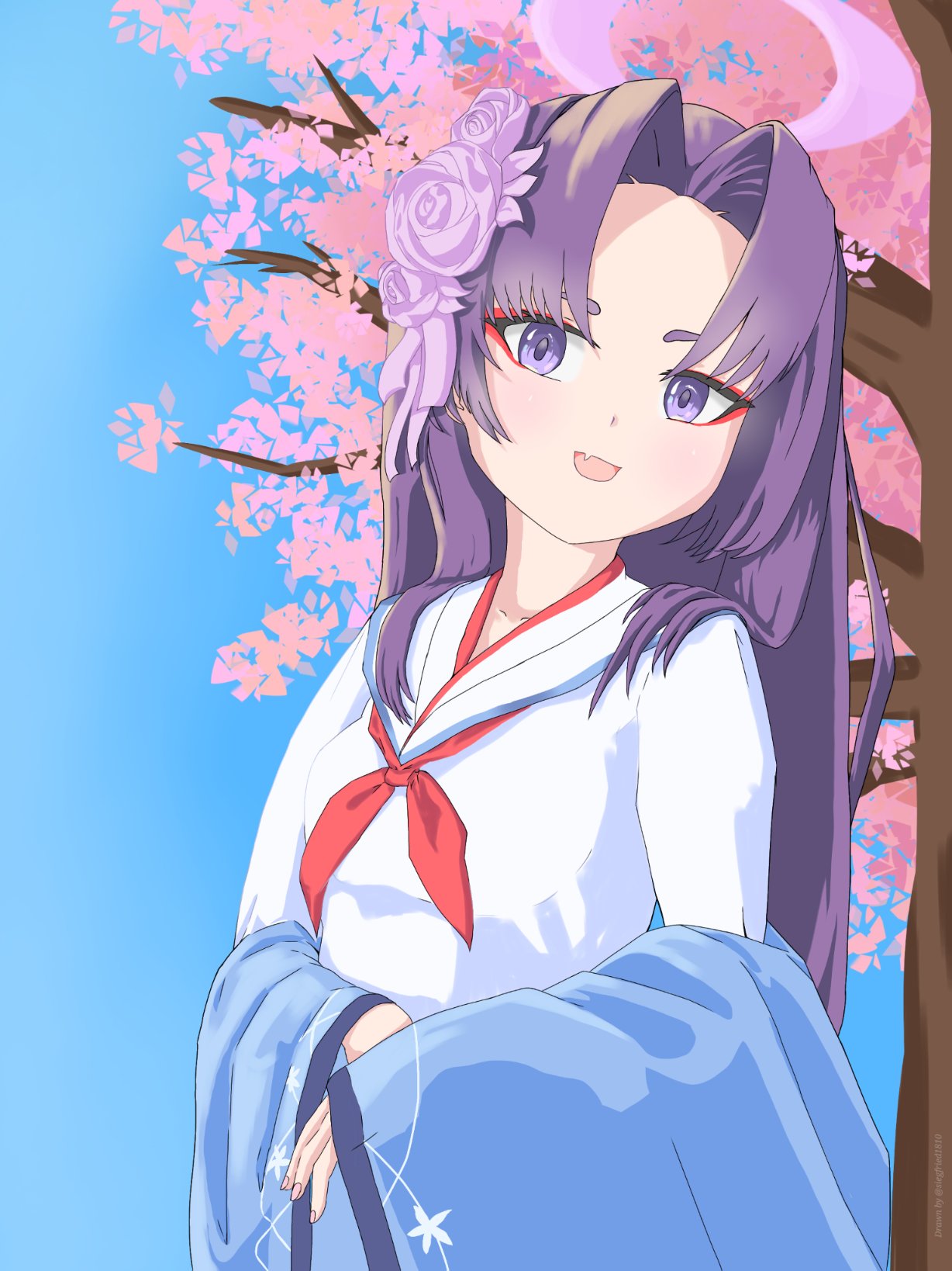 siegfried1810, yukari (blue archive), blue archive, highres, 1girl, blue haori, fang, flower, hair flower, hair ornament, halo, haori, japanese clothes, long hair, looking at viewer, neckerchief, open mouth, purple eyes, purple hair, shirt, smile, white shirt