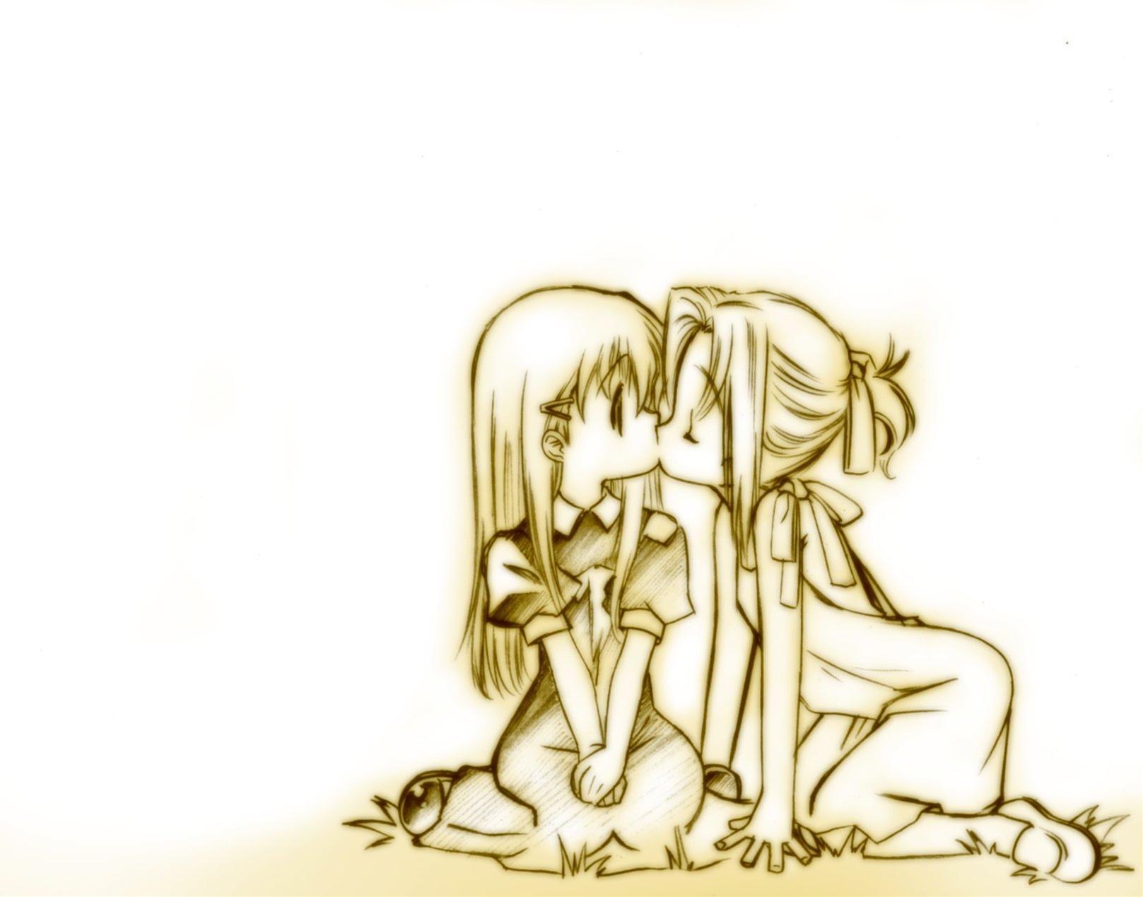 senomoto hisashi, handa shinobu, naitou momoko, shoujo sect, highres, md5 mismatch, 00s, 2girls, closed eyes, kiss, kodomo doushi, monochrome, multiple girls, ponytail, simple background, surprised, white background, yuri