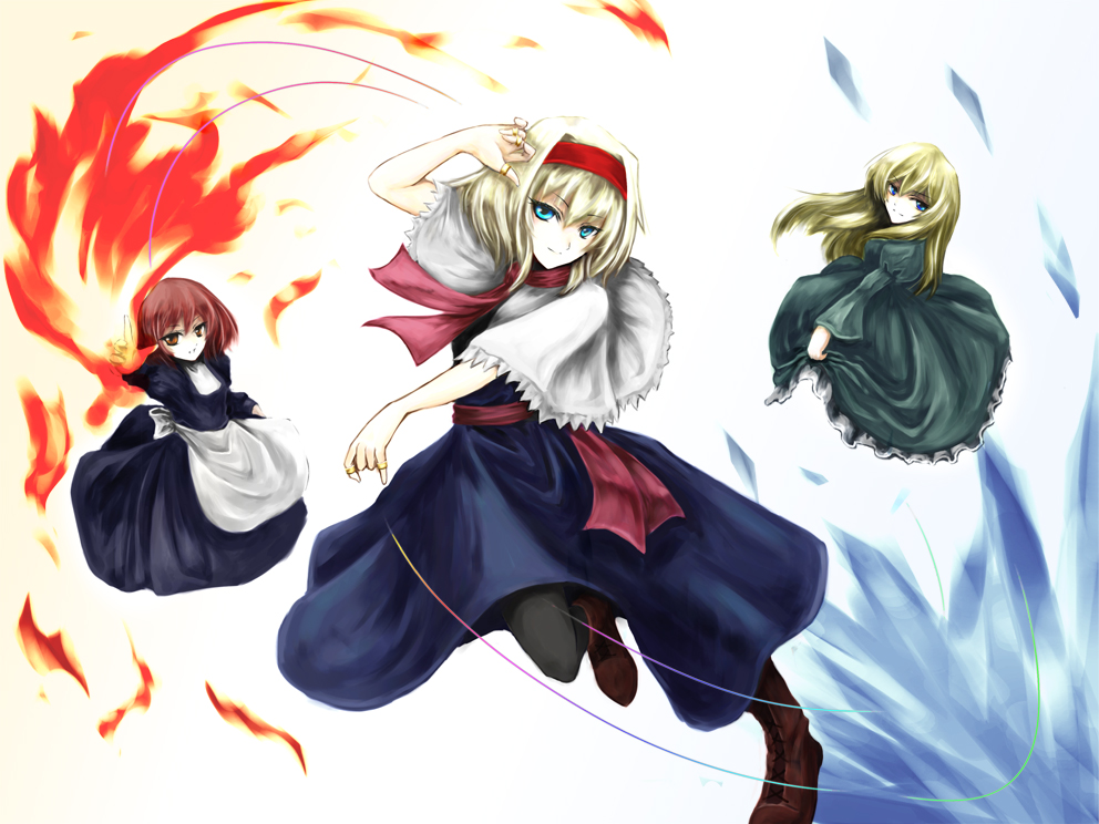 blackwing phoenix, alice margatroid, touhou, bad id, bad pixiv id, 1girl, apron, blonde hair, blue eyes, boots, capelet, doll, dress, female focus, fire, frilled dress, frills, hairband, ice, jewelry, leg up, long hair, long sleeves, puppet, puppet strings, red eyes, red hair, ring, sash, short hair, short sleeves, smile, solo, string, white background, wide sleeves
