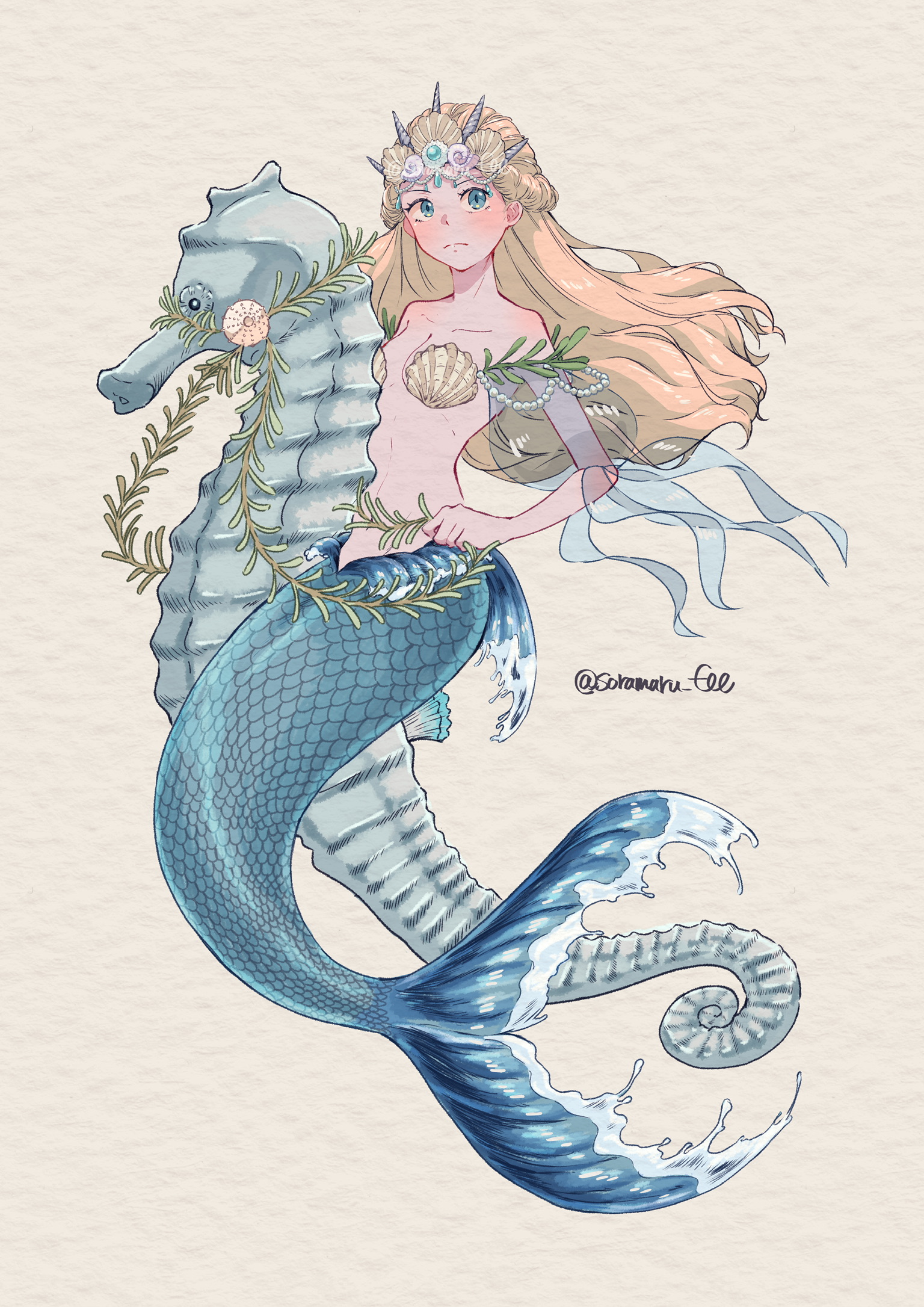 soramaru ell, original, commentary request, highres, 1girl, 1other, bikini, bikini top only, blonde hair, blue eyes, blue tail, blush, braid, collarbone, crown, detached sleeves, fins, fish, hair ornament, harness, holding, jewelry, light frown, long hair, looking to the side, mermaid, monster girl, navel, pelvis, seahorse, seashell, seaweed, see-through clothes, see-through sleeves, shell, shell bikini, shell hair ornament, side braids, signature, snout, swimsuit