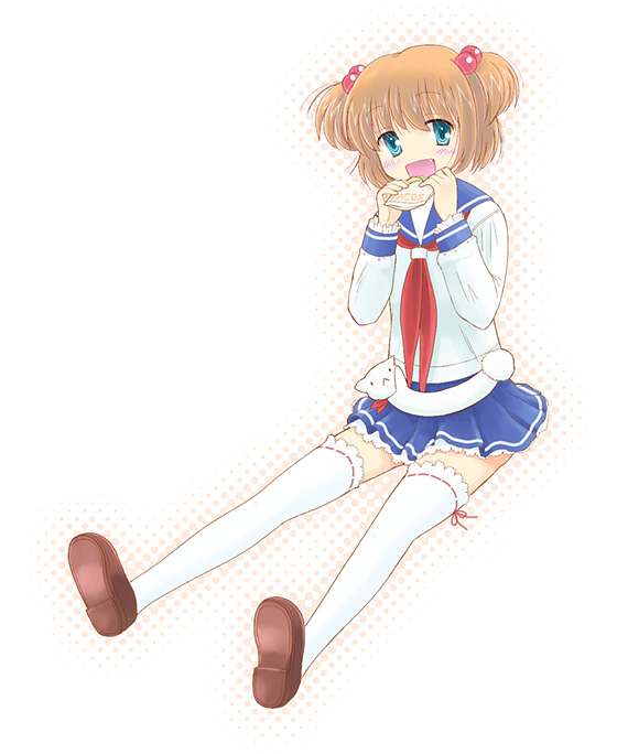 takahashi mugi, kataoka yuuki, saki (manga), 00s, brown hair, child, hair bobbles, hair ornament, school uniform, serafuku, shoes, short twintails, solo, taco, thighhighs, twintails, two side up
