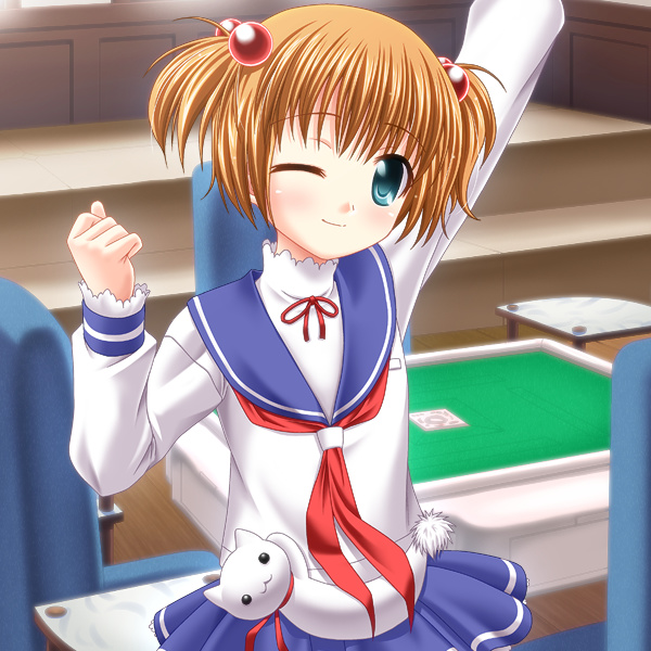 yaoyorozu-kobo, kataoka yuuki, saki (manga), 00s, 1girl, aqua eyes, arm up, brown hair, child, female focus, hair bobbles, hair ornament, one eye closed, school uniform, serafuku, short twintails, solo, twintails, two side up, wink