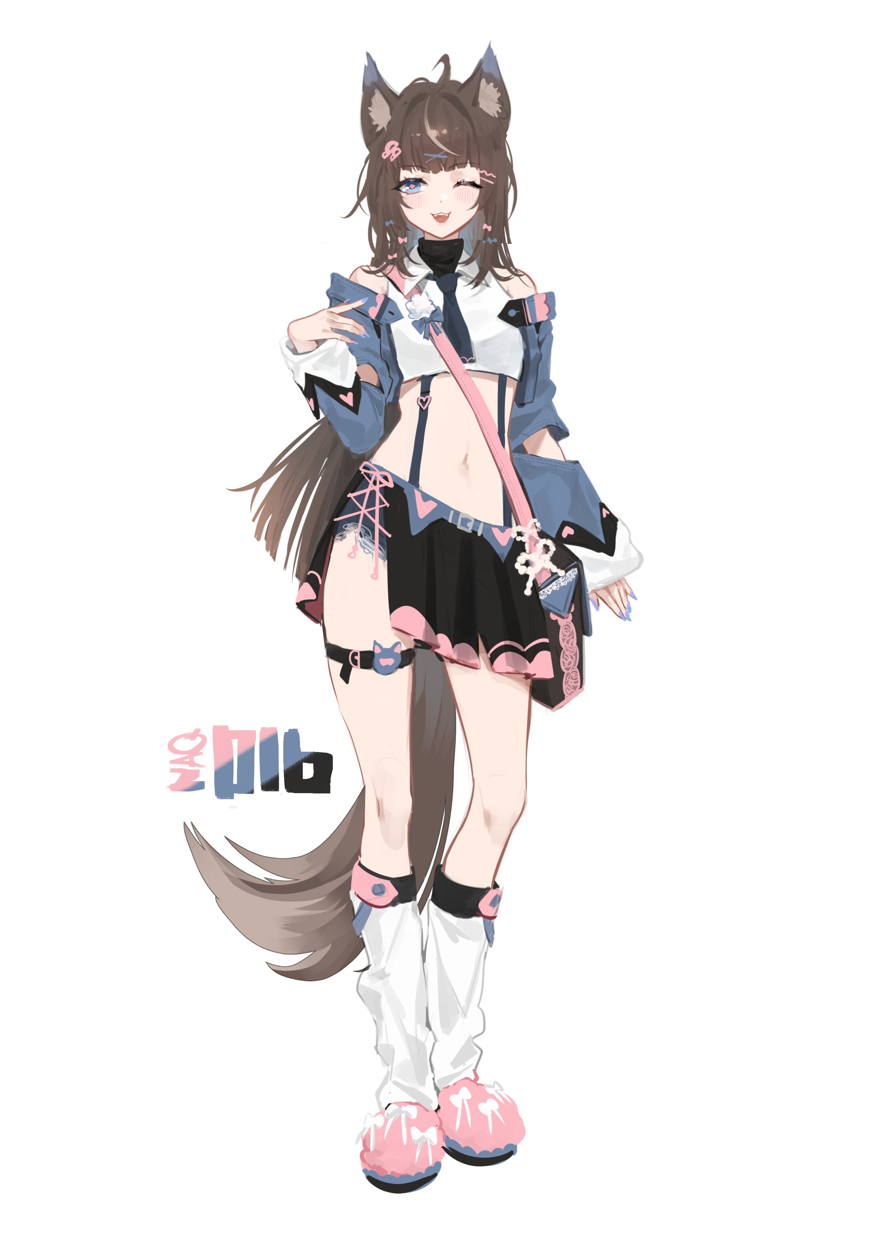 hibiwa, original, absurdres, commentary, highres, 1girl, animal ears, bare shoulders, black skirt, blue eyes, blue jacket, brown hair, collared shirt, crop top, cropped jacket, dog ears, dog girl, dog tail, full body, hair ornament, hairclip, hand up, jacket, kneehighs, long hair, looking at viewer, midriff, miniskirt, nail polish, navel, off shoulder, one eye closed, open clothes, open jacket, open mouth, pink shoes, shirt, shoes, side slit, simple background, skirt, sleeveless, sleeveless shirt, smile, socks, solo, stomach, suspenders, tail, thigh strap, very long hair, white background, white shirt, white socks