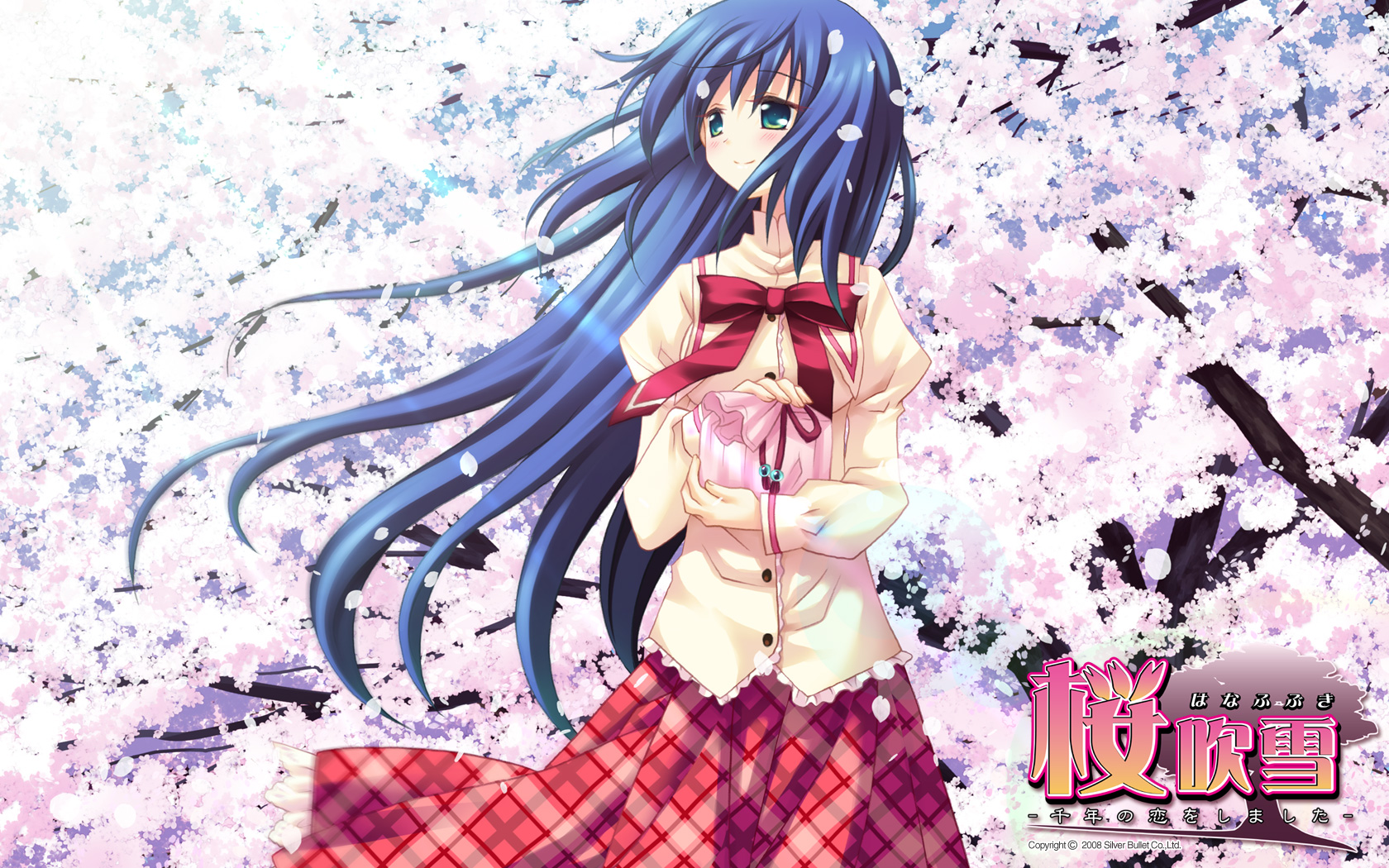 sakurazawa izumi, amafuki setsuka, hanafubuki, highres, blue hair, cherry blossoms, green eyes, long hair, petals, plaid clothes, plaid skirt, school uniform, skirt, smile, solo