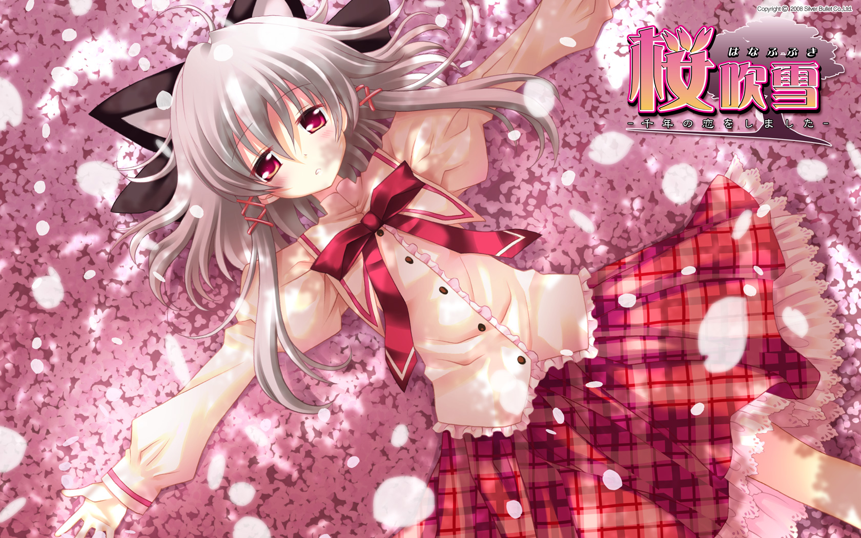 sakurazawa izumi, sakuramori akasha, hanafubuki, highres, 1girl, animal ears, blush, cat ears, cat girl, cherry blossoms, female focus, frills, gathers, grey hair, hair ribbon, lace, long hair, lying, on back, outstretched arms, petals, plaid clothes, plaid skirt, pleated skirt, red eyes, ribbon, school uniform, short hair, skirt, solo, spread arms
